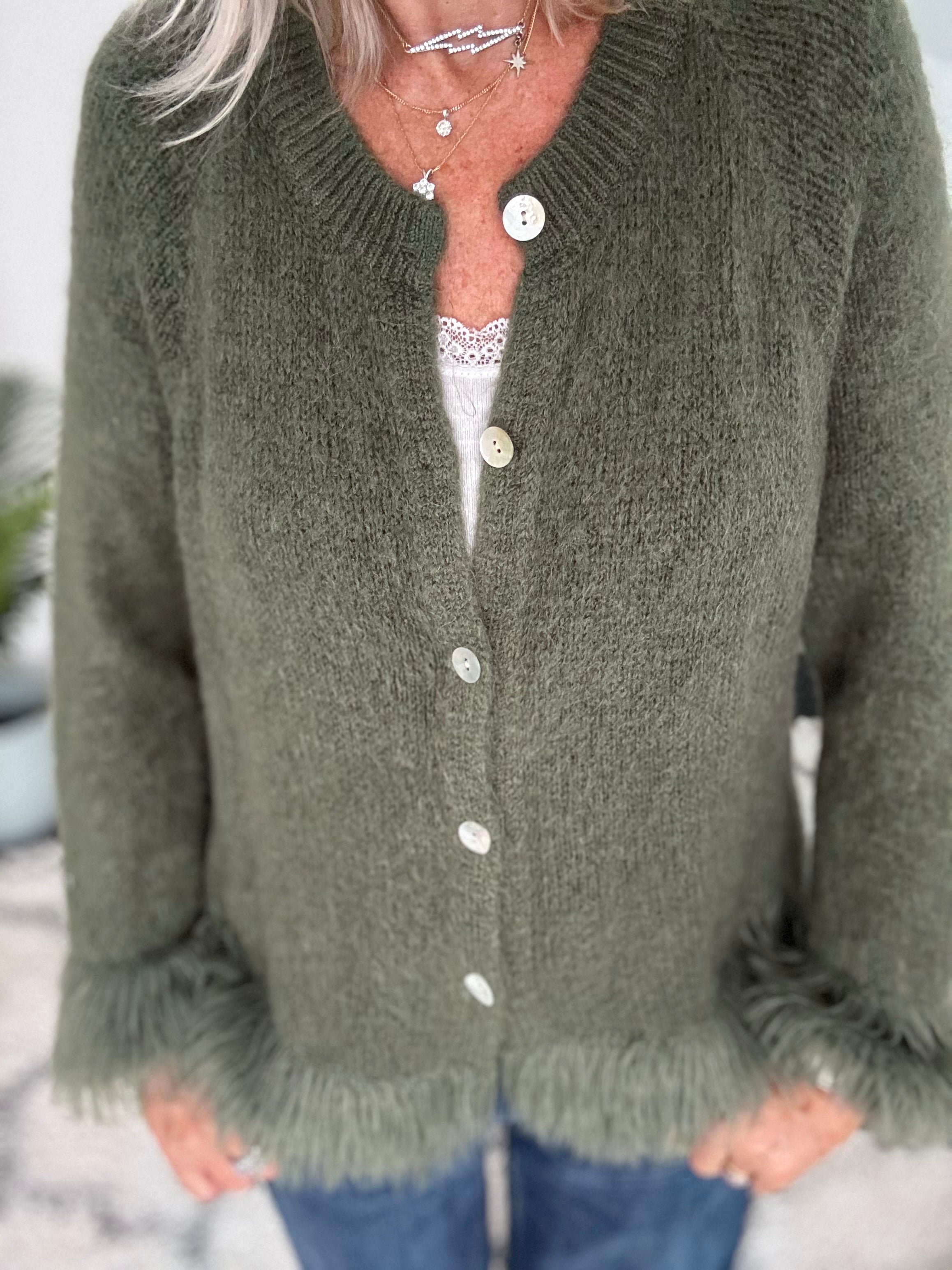 Luxe Fringe Cardigan in Khaki