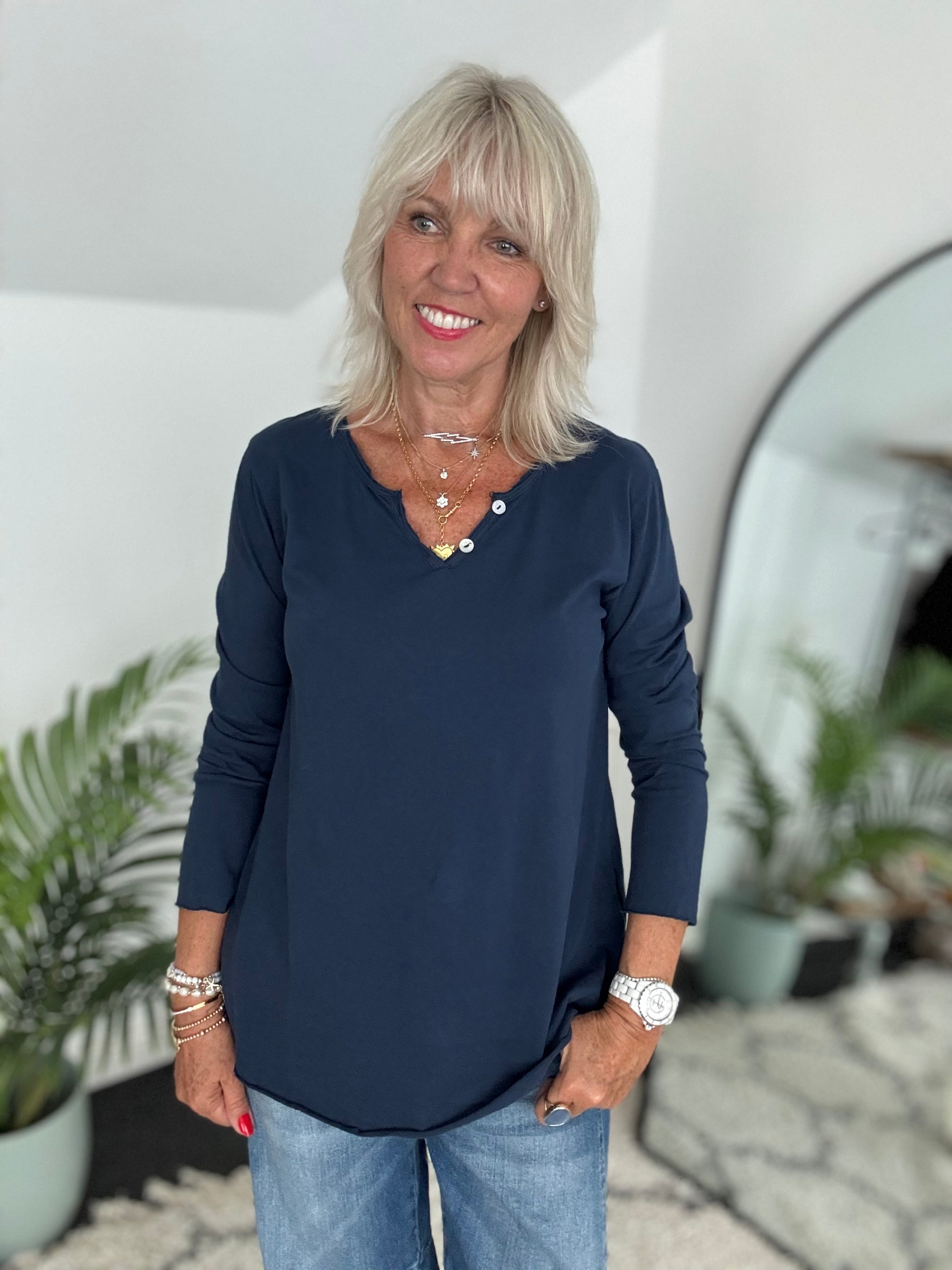 Long Sleeve Cotton Top in Navy
