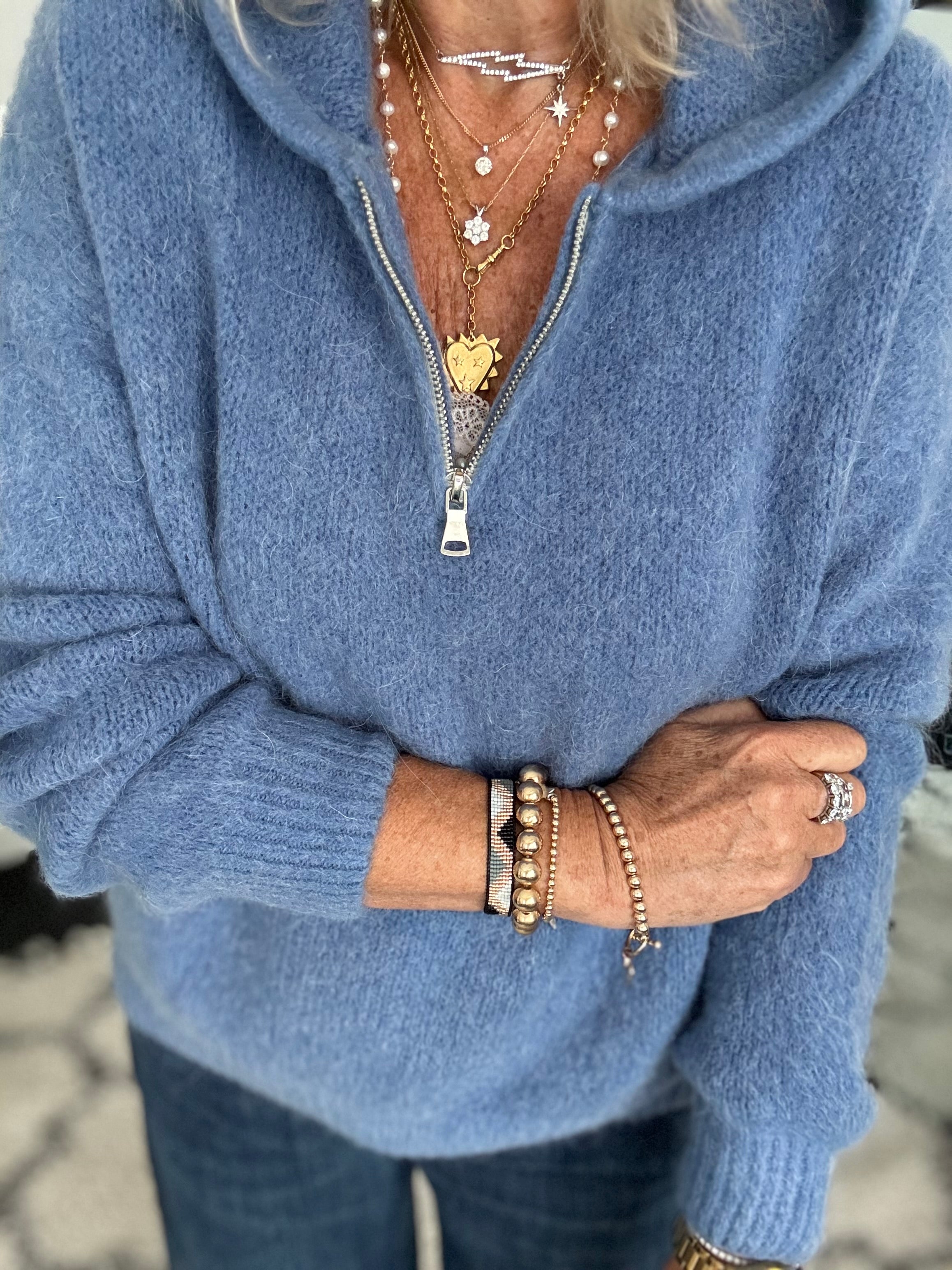 Hooded Mohair Jumper in Denim Blue