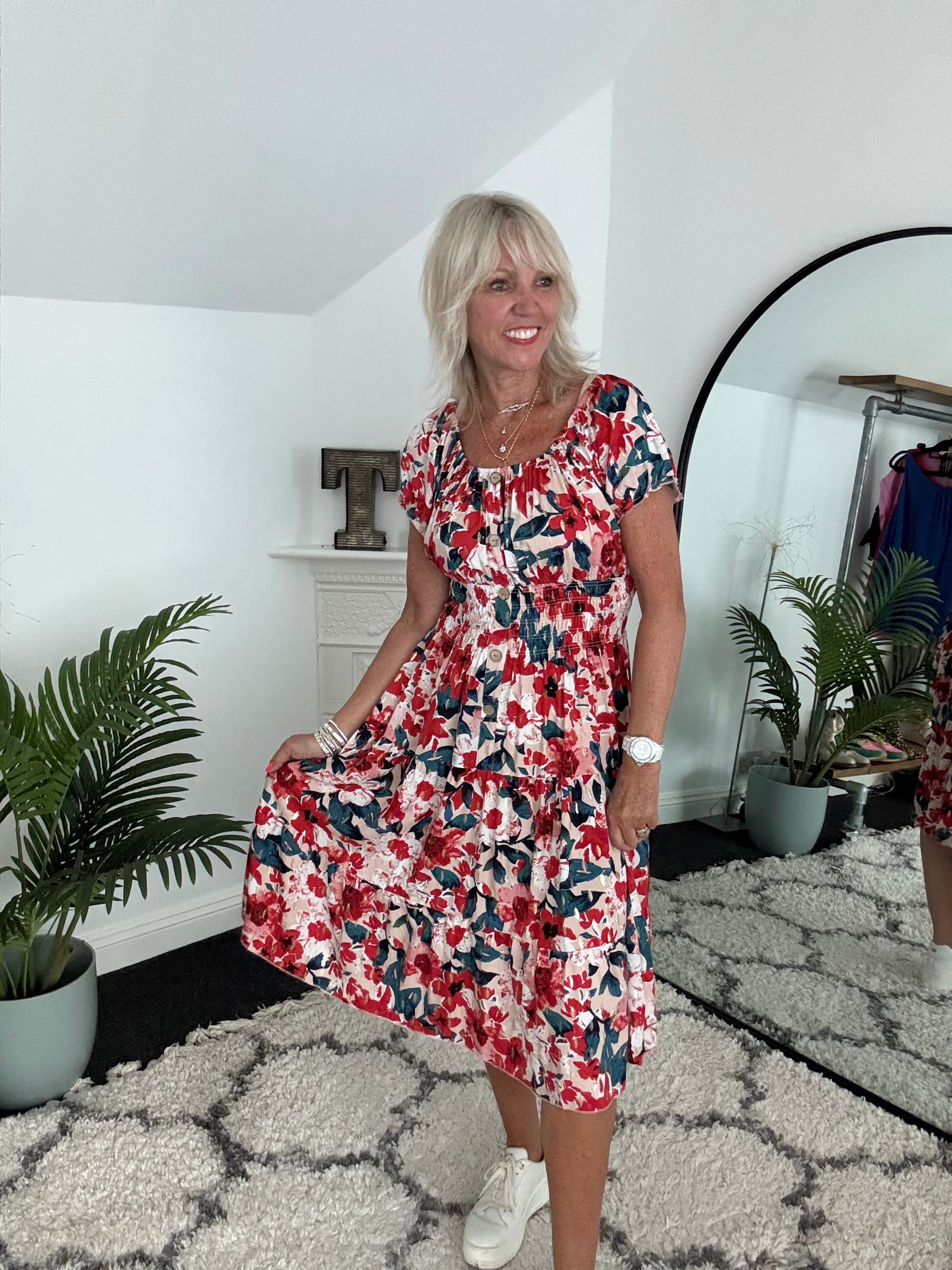Bardot Dress in Poppy & Teal