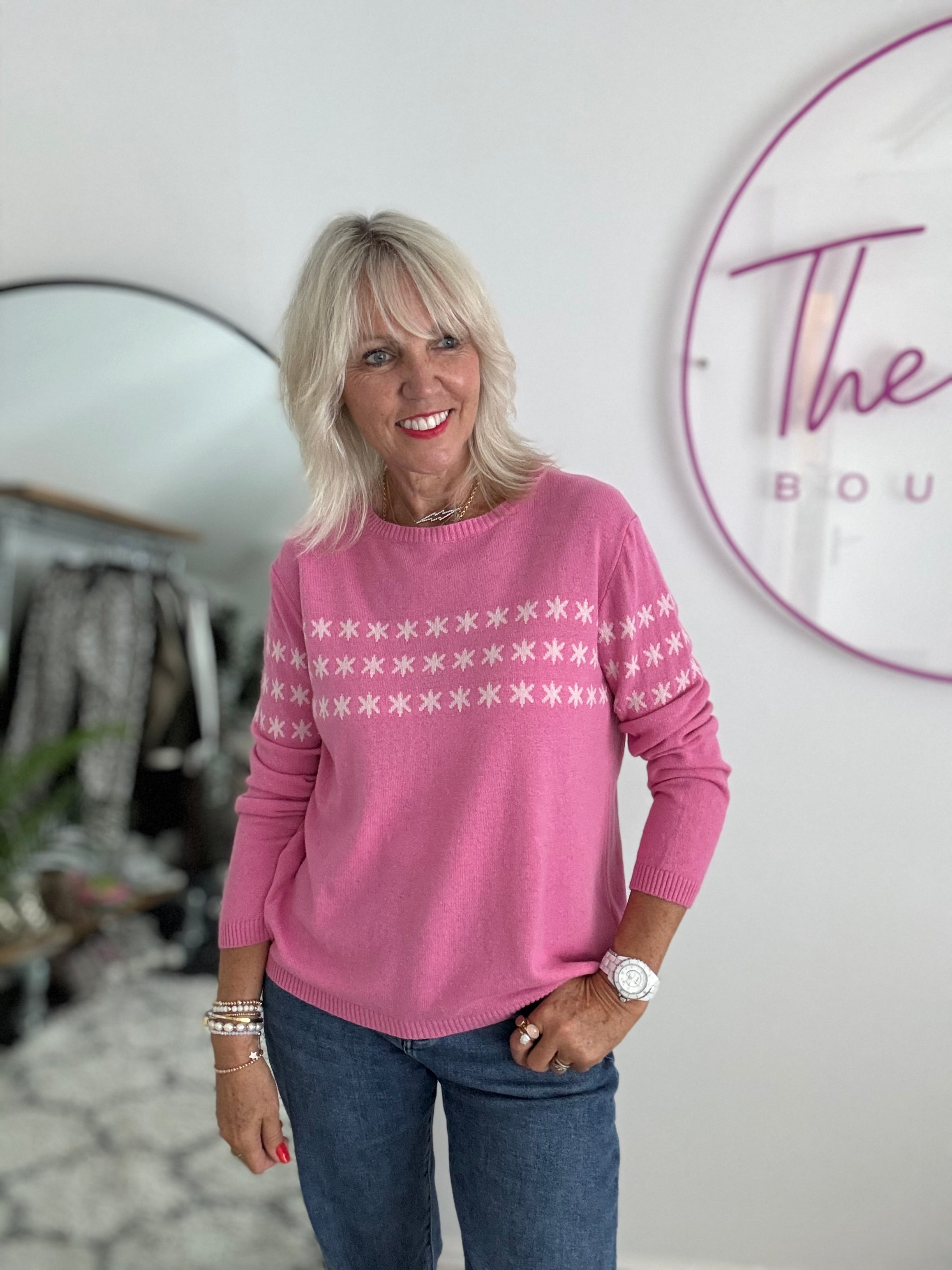 Multi Star Cashmere Jumper in Pink & Ivory