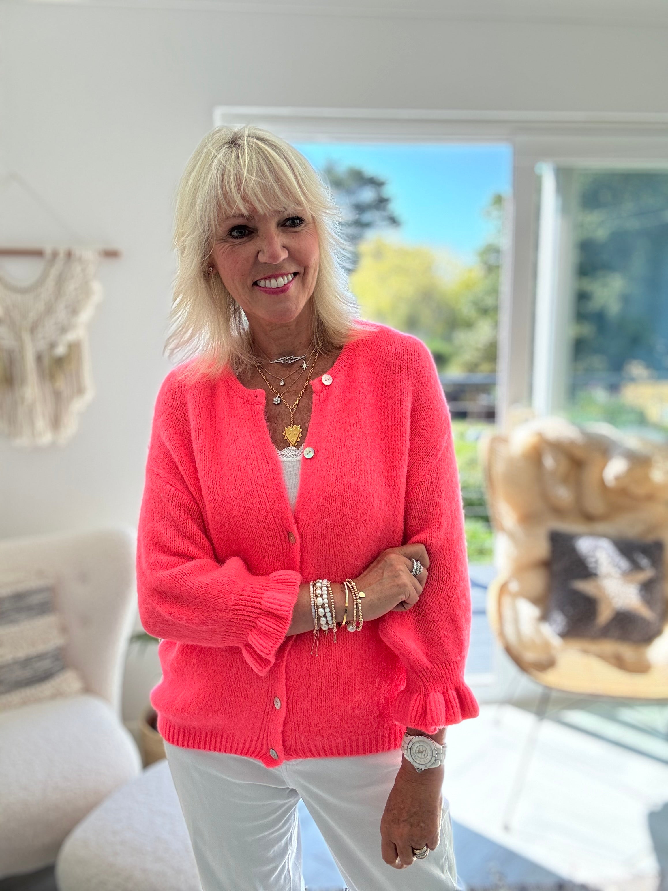 Alpaca Cardi with Frill Cuffs in Neon Coral