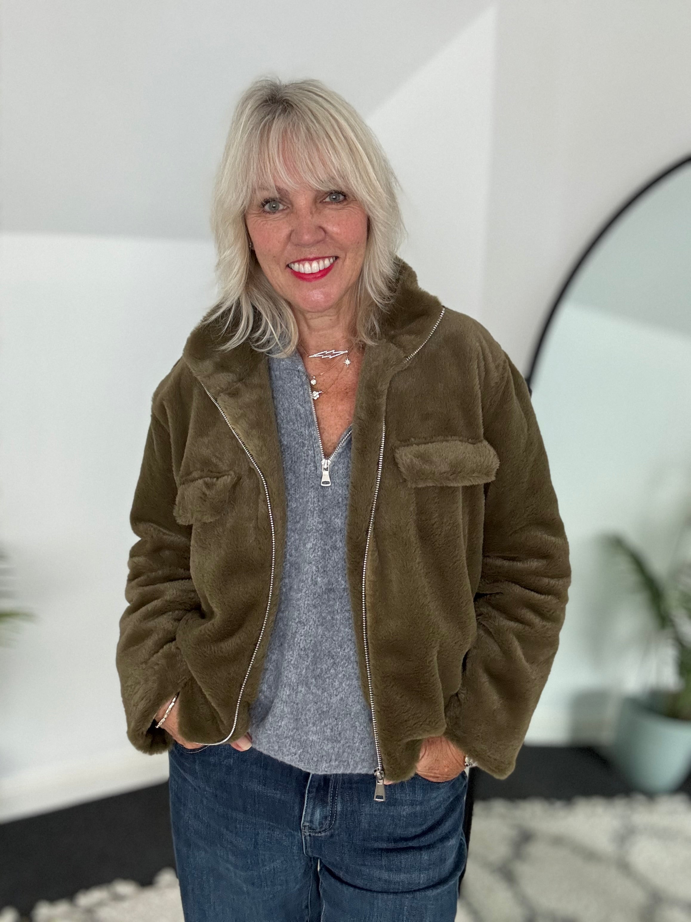 Faux Fur Jacket in Khaki