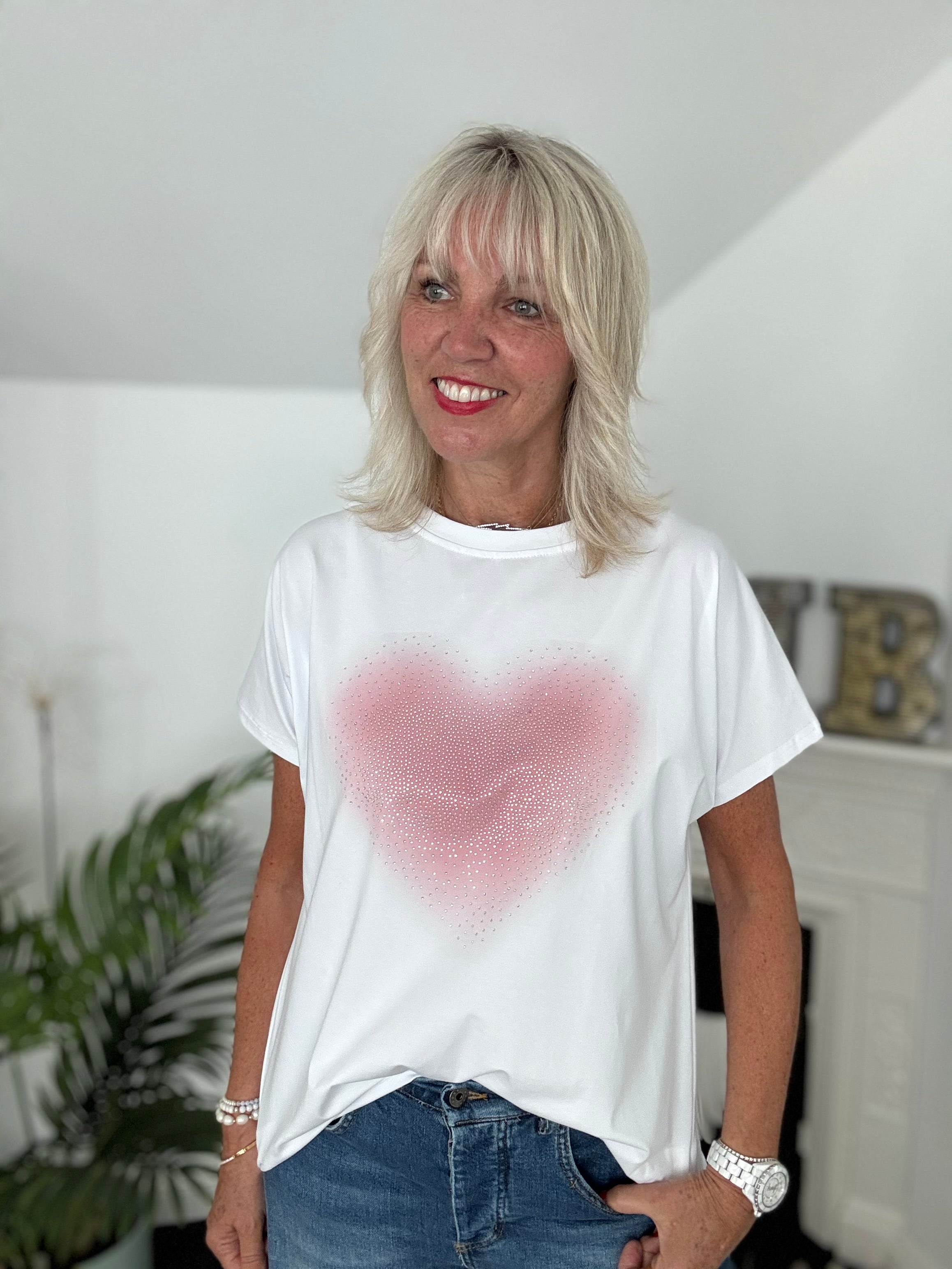 White Tee with Sparkly Heart in Pink