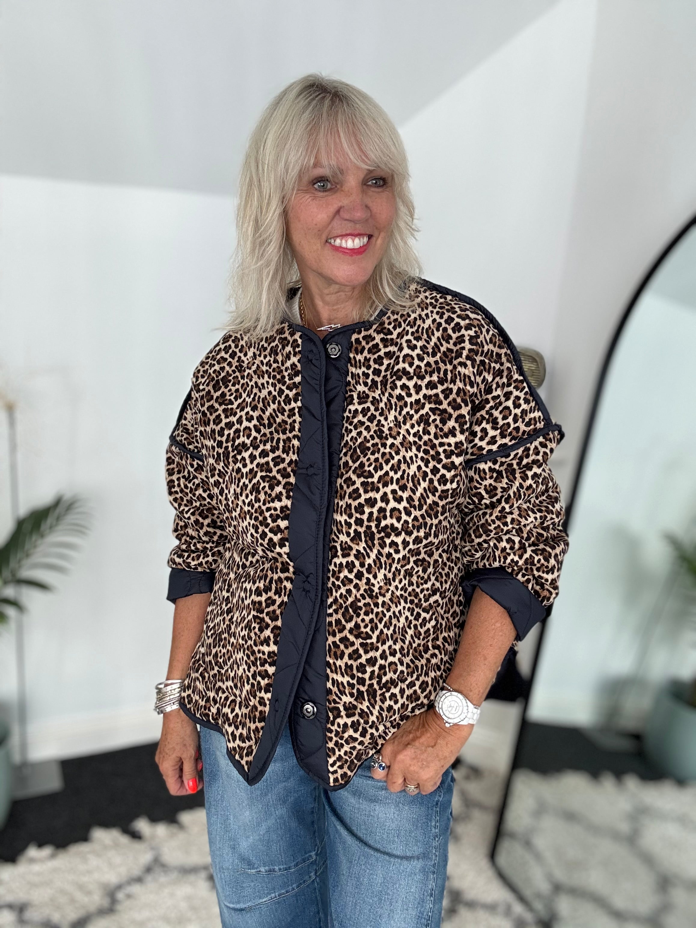 Reversible Quilted Jacket in Navy & Leopard