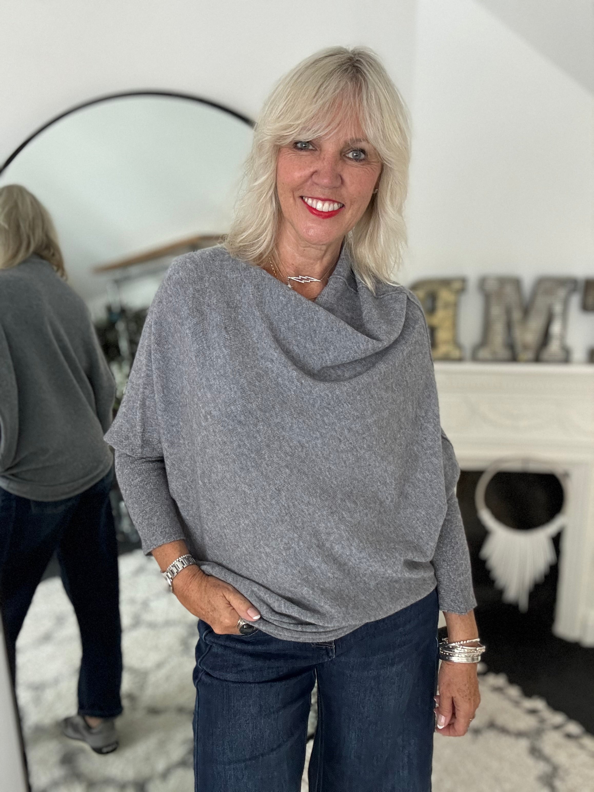 Cowl Neck Asymmetric Jumper in Charcoal Grey