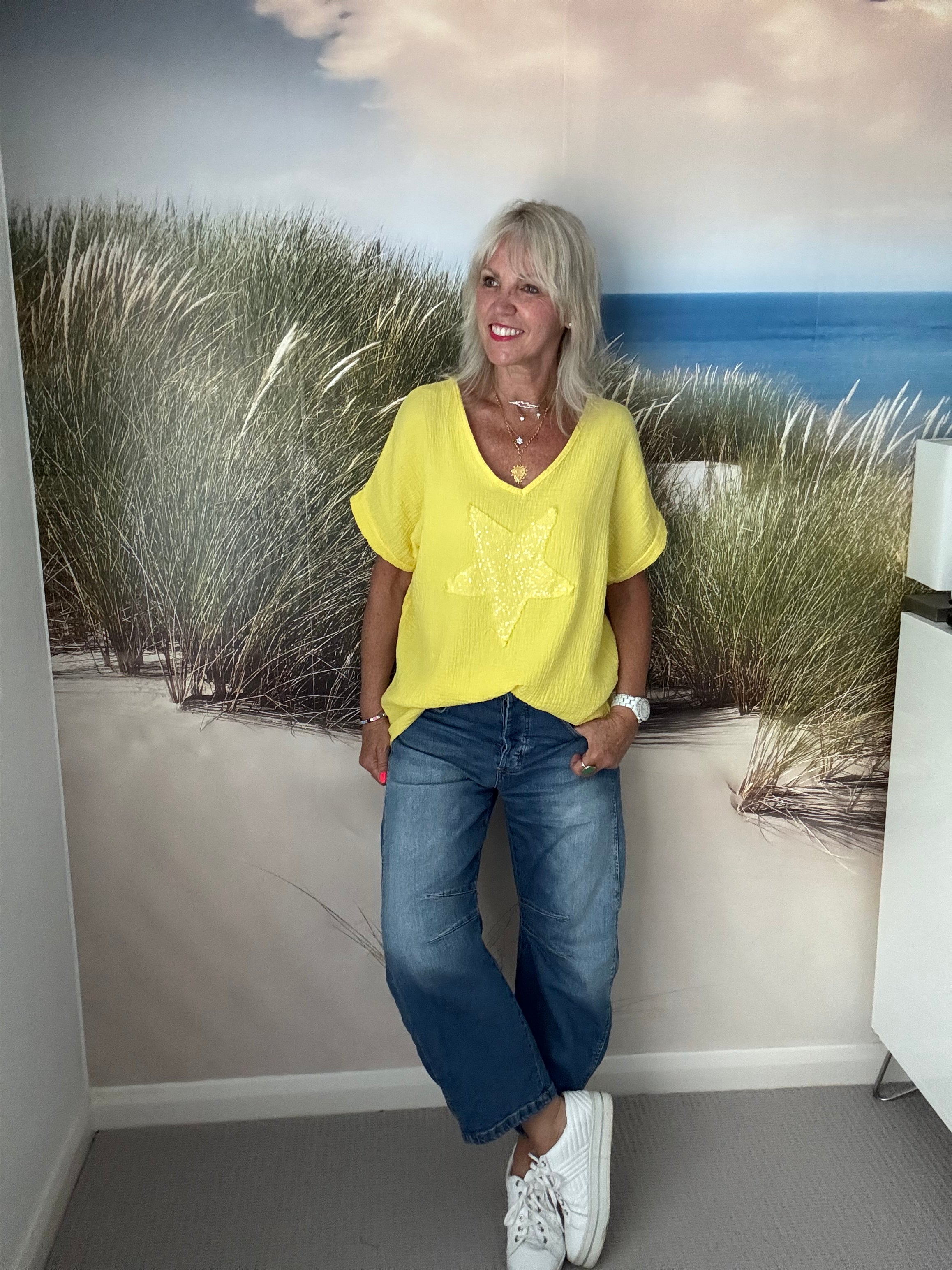 Cheesecloth Sequin Star Top in Sunshine Yellow