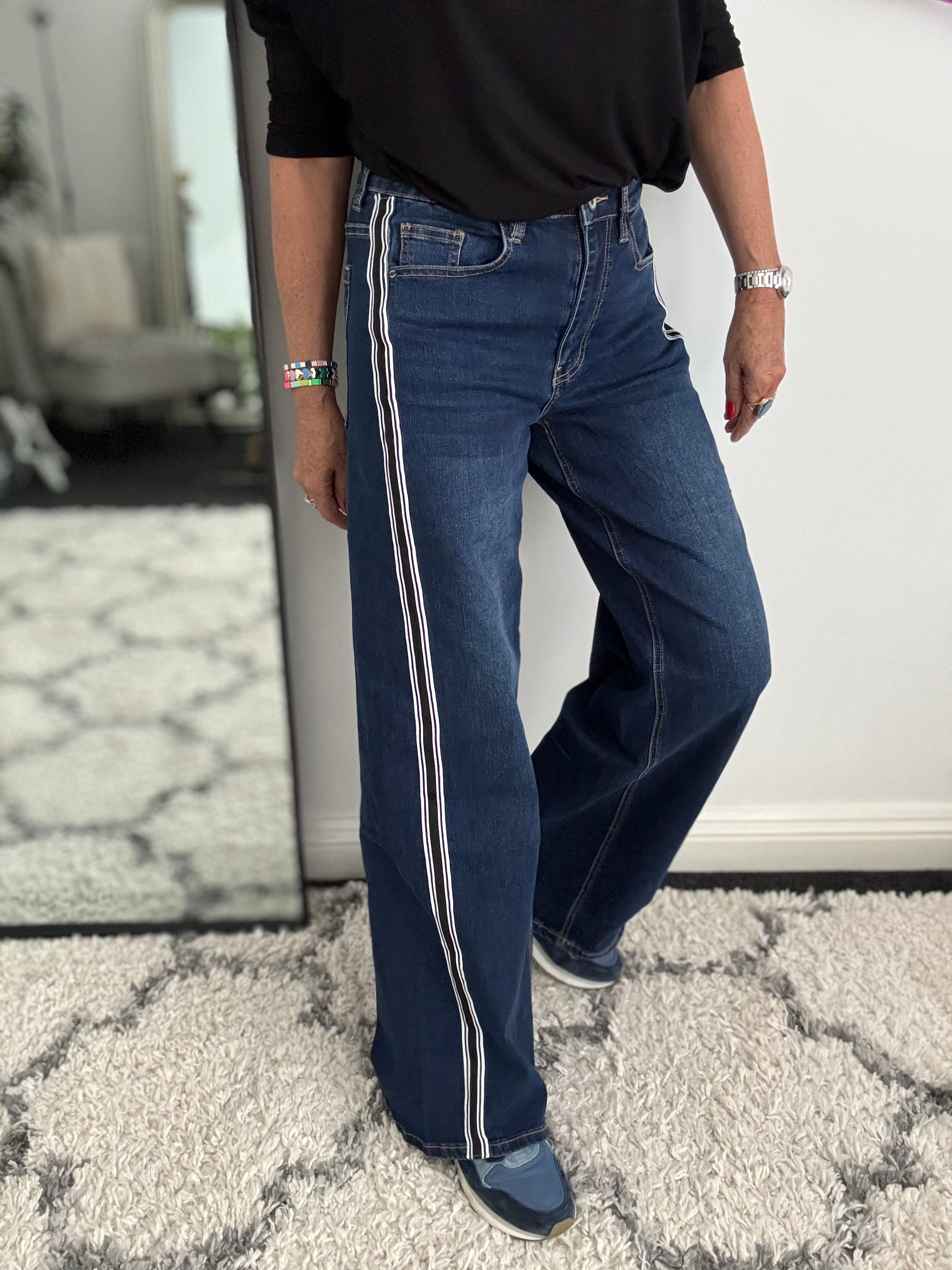 Stretch Flared Jeans with Side Stripes in Dark Denim