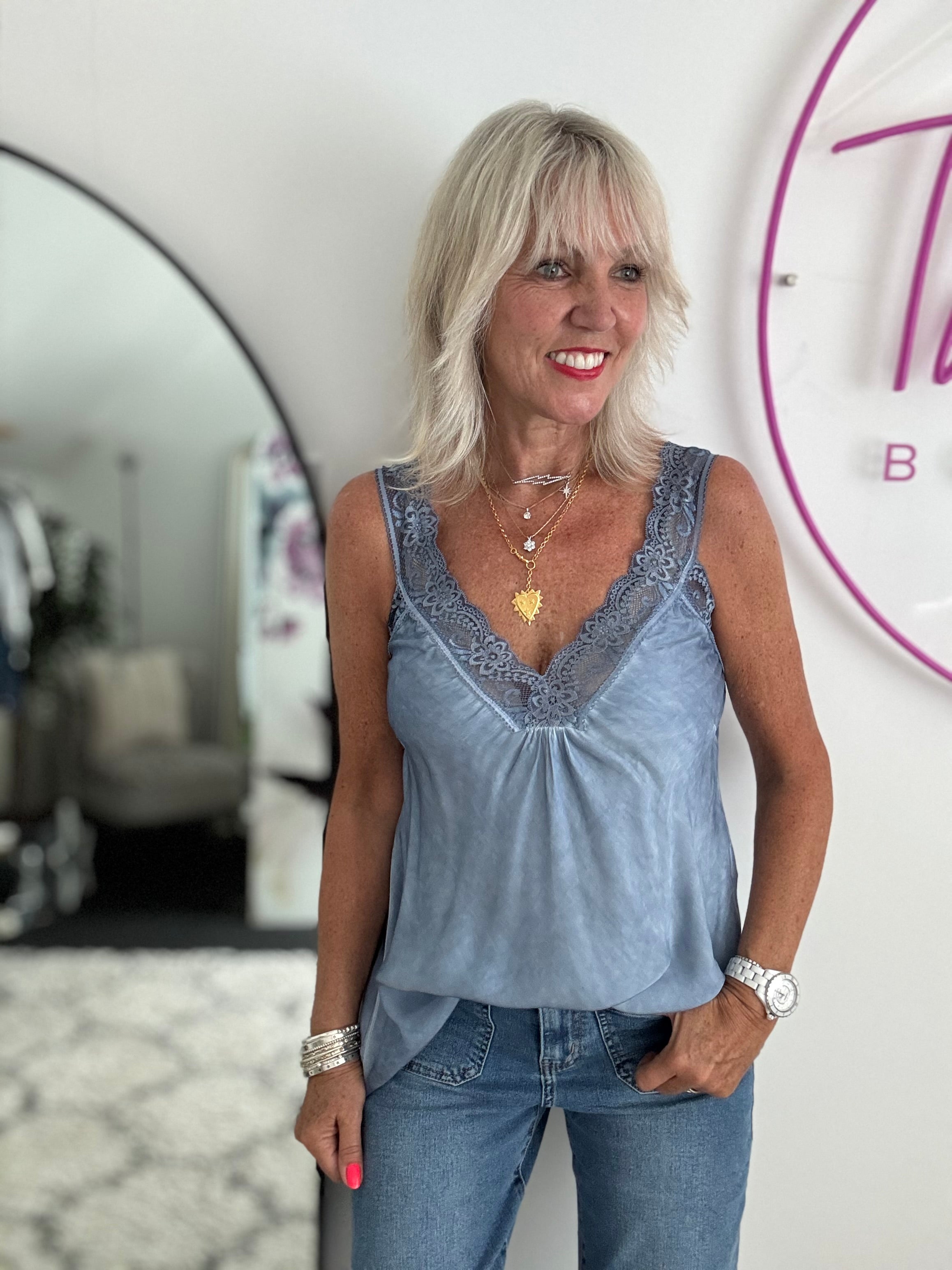 Lace Trim Silky Vest in Light Denim