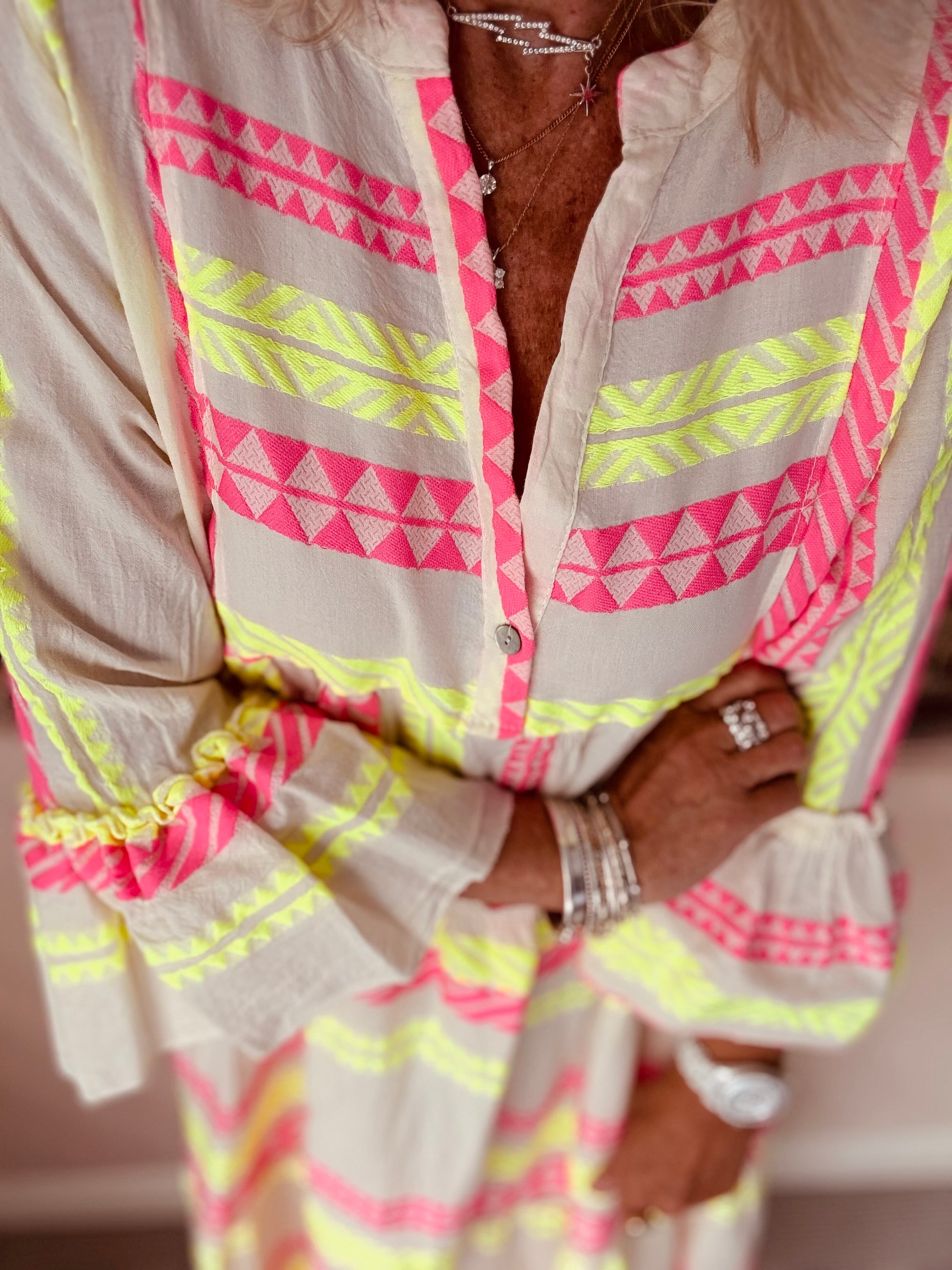 Embroidered Midi Dress in Pink & Neon