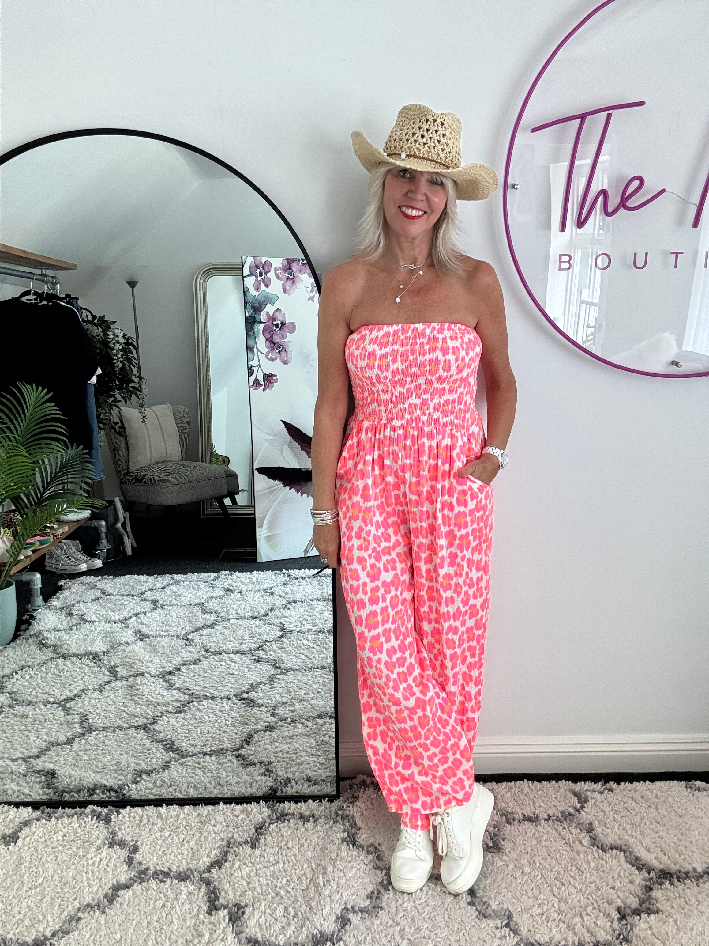 Bandeau Cheesecloth Jumpsuit in Neon Pink & Orange Leopard
