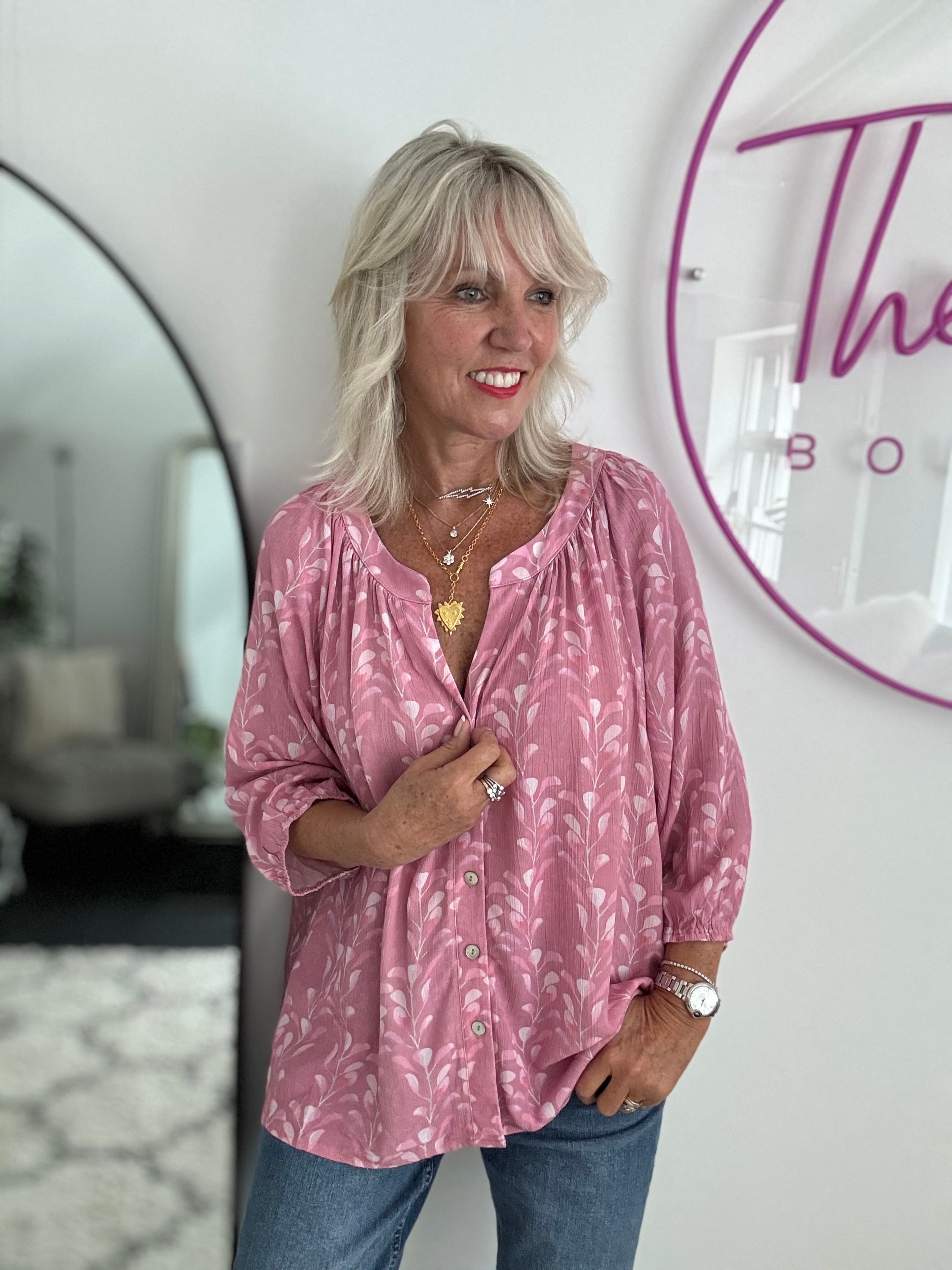 Leaf Print Blouse in Pink