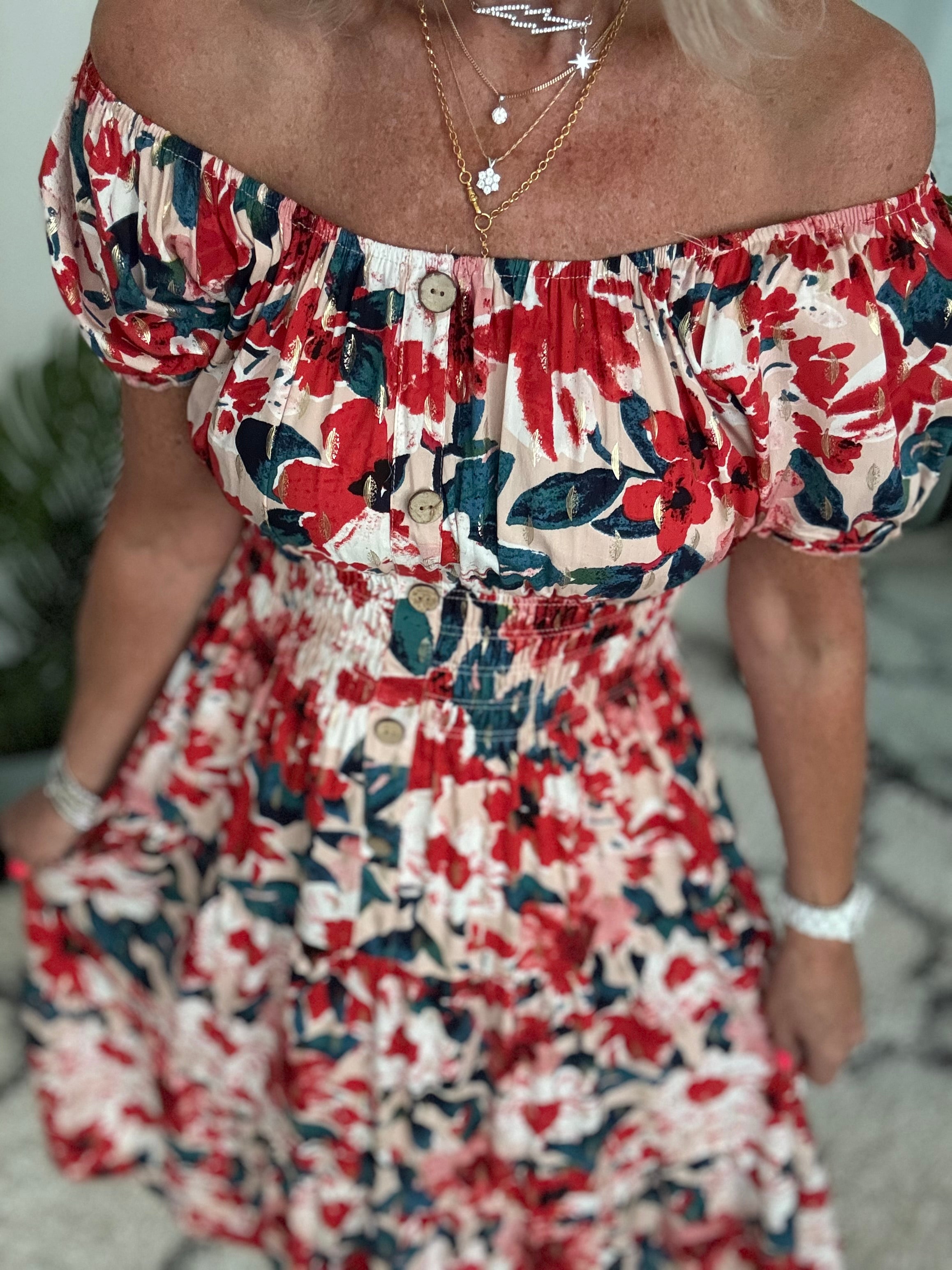 Bardot Dress in Poppy & Teal