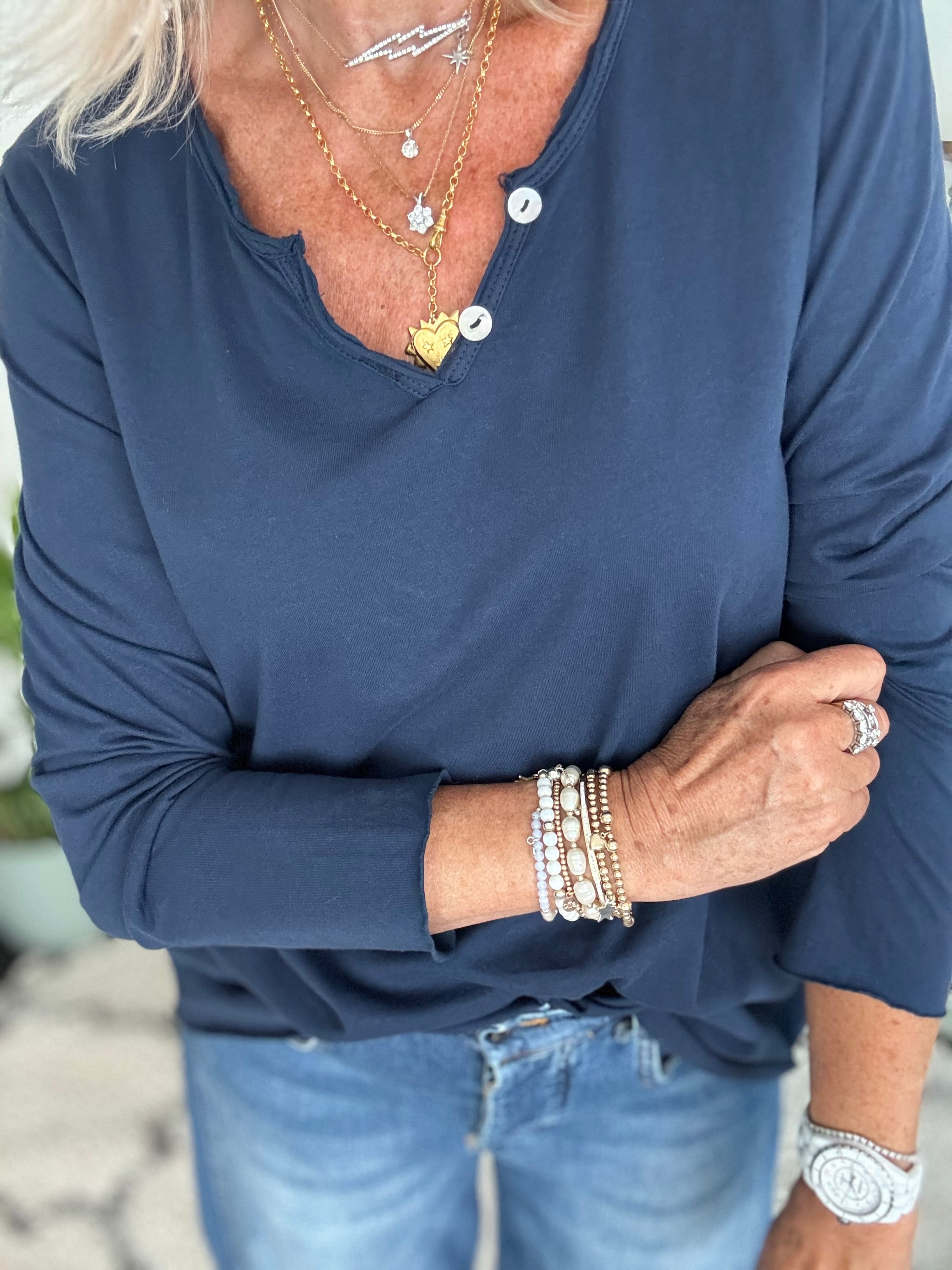 Long Sleeve Cotton Top in Navy