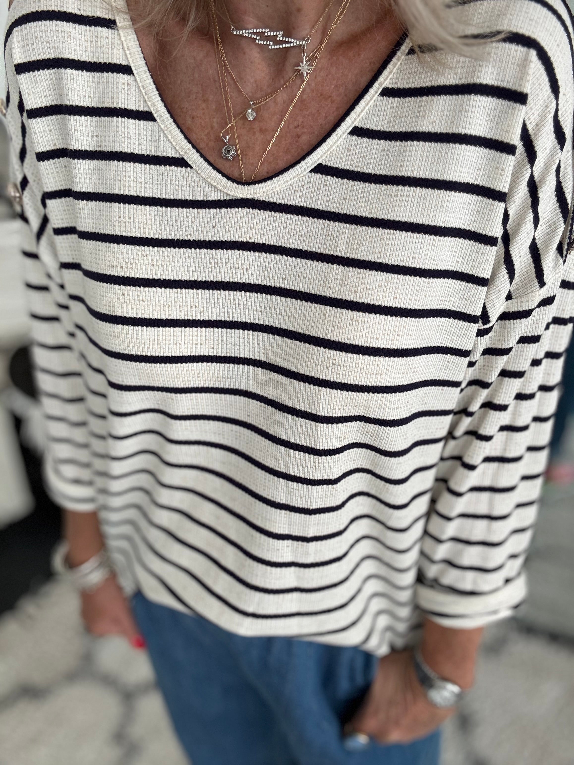 Stripe Knit with Gold Buttons in Ink & Ivory