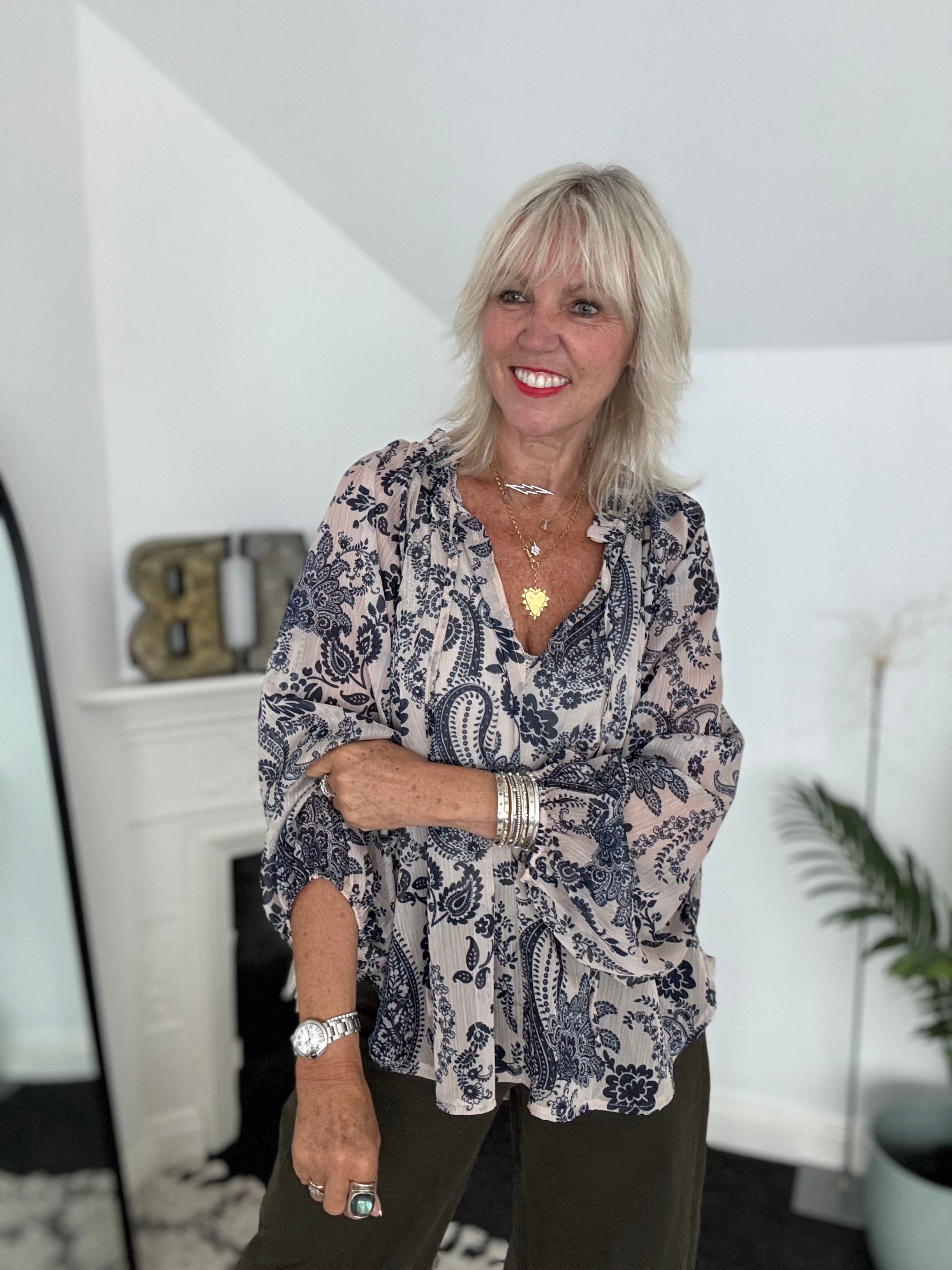 Paisley Blouse in Blue & Ecru