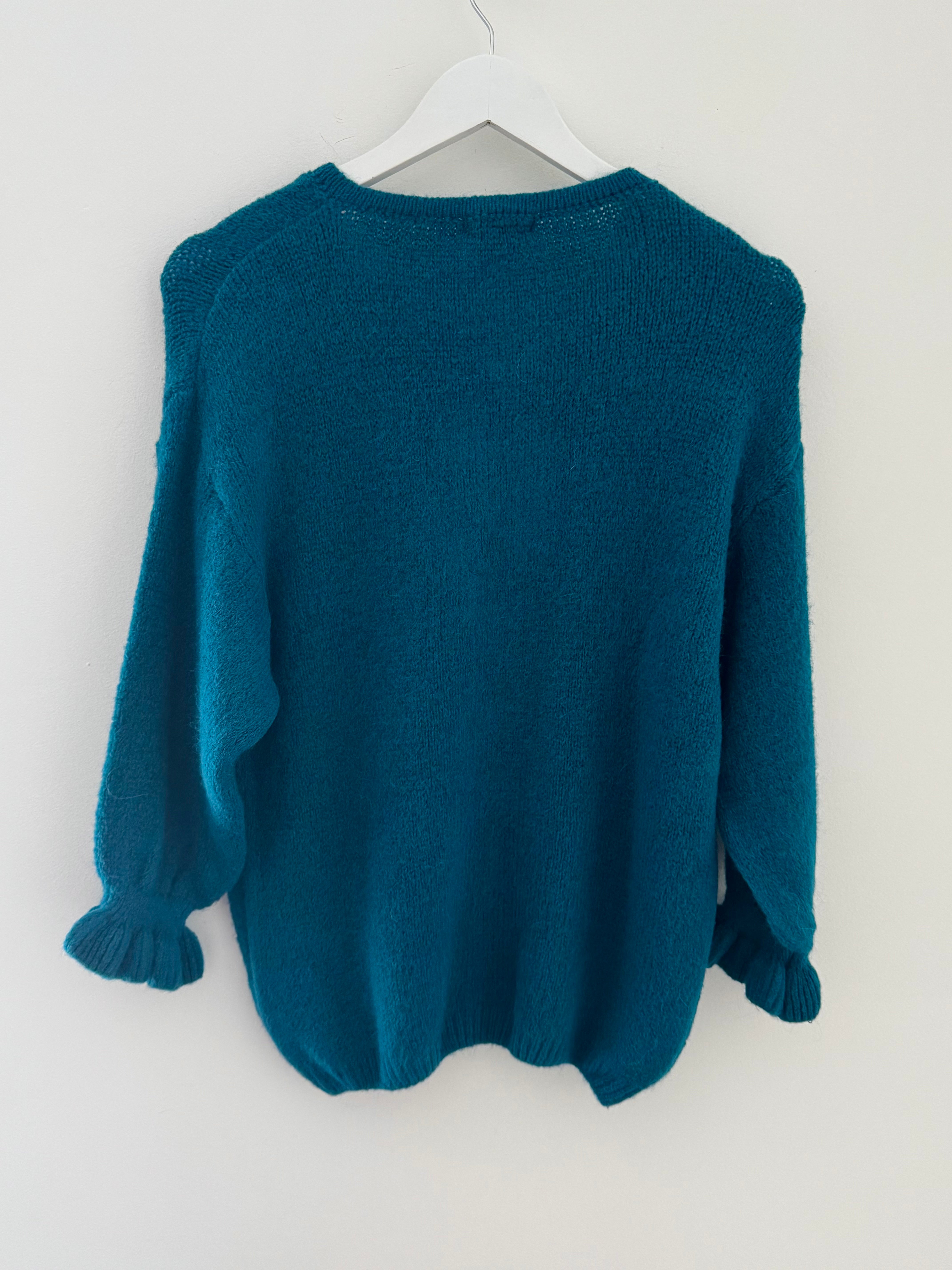Alpaca Cardi with Frill Cuffs in Teal