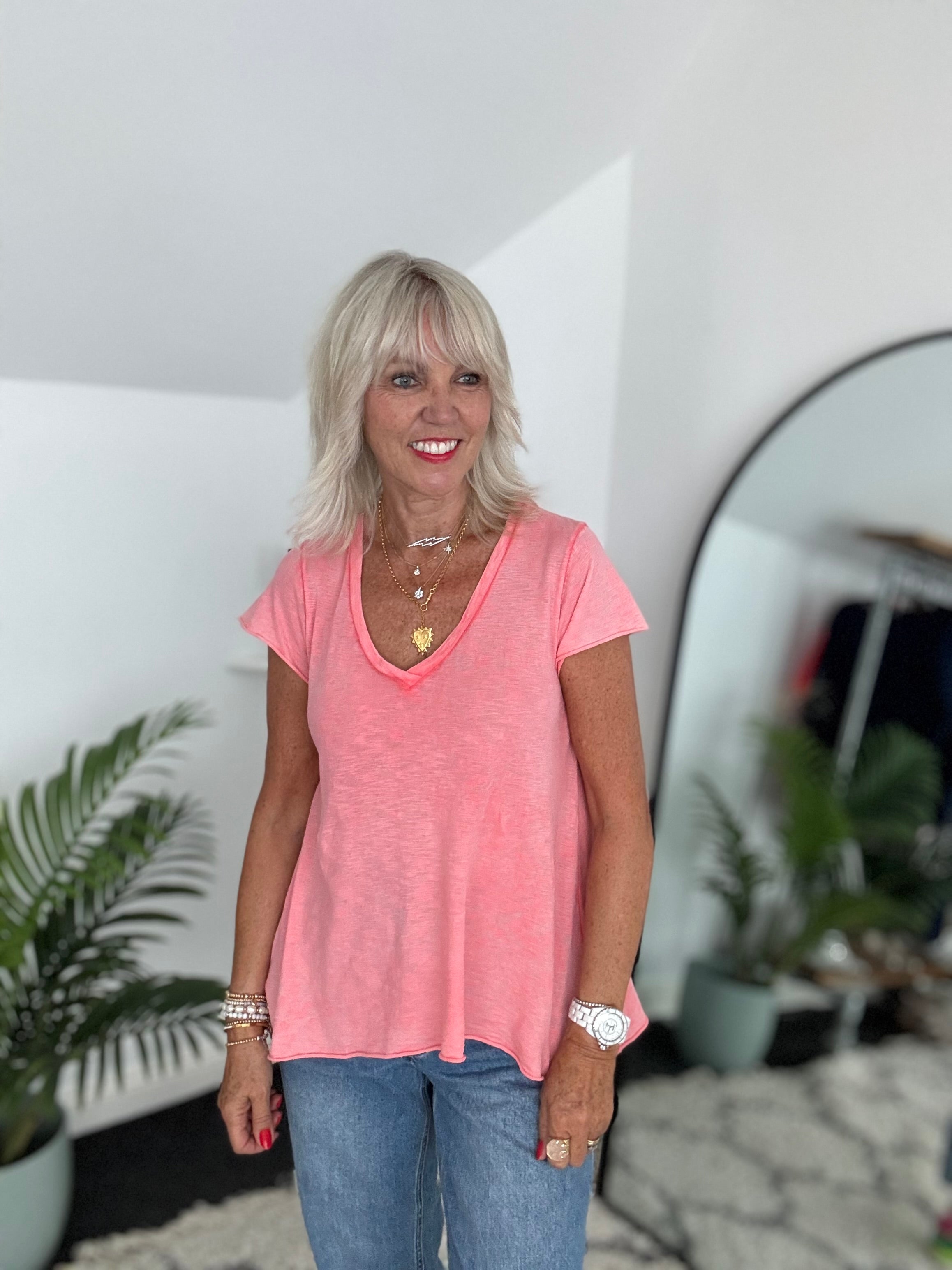Luxe V Neck Tee in Coral