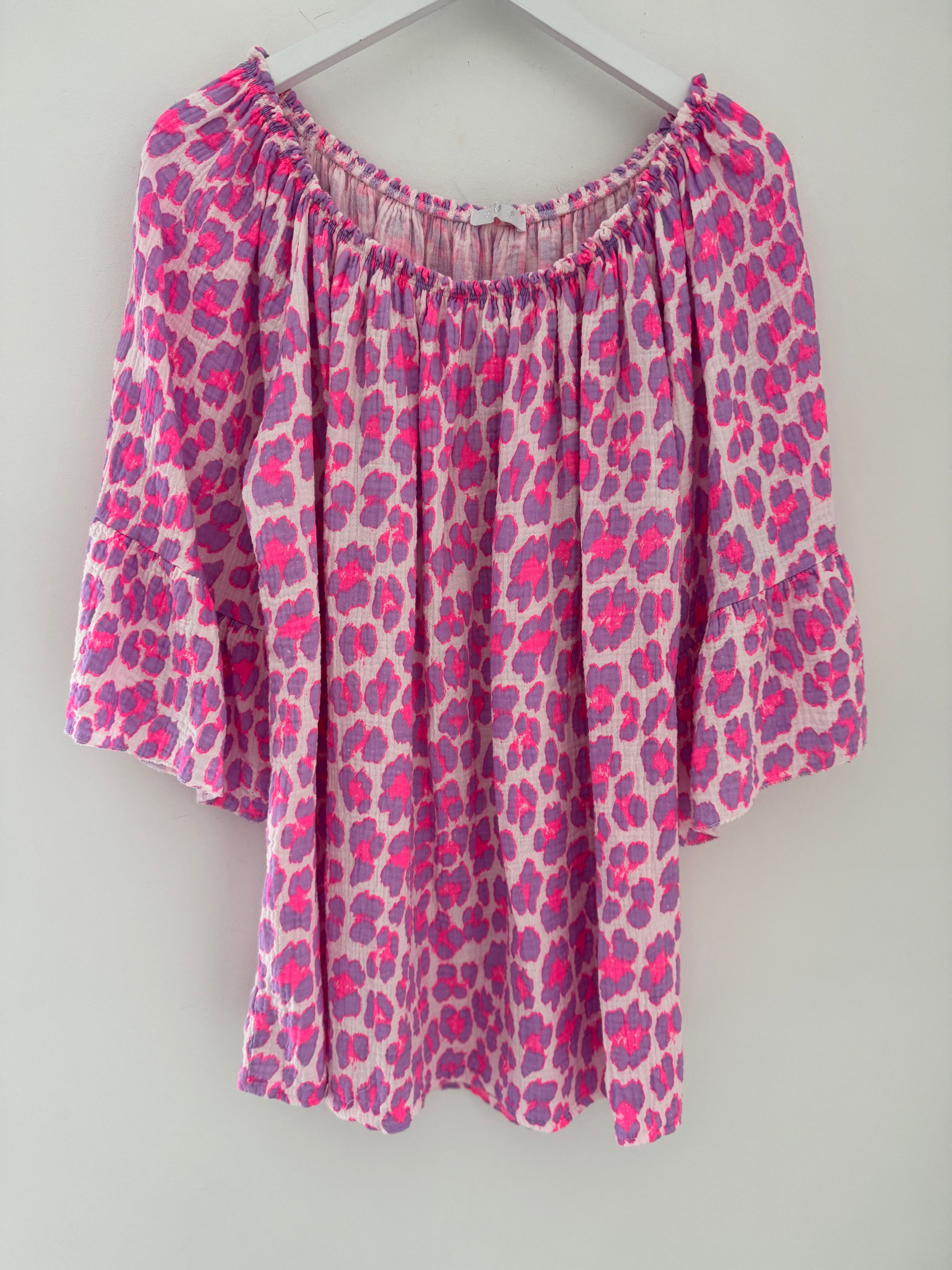 Cheesecloth Bardot Top in Lilac & Pink Leopard