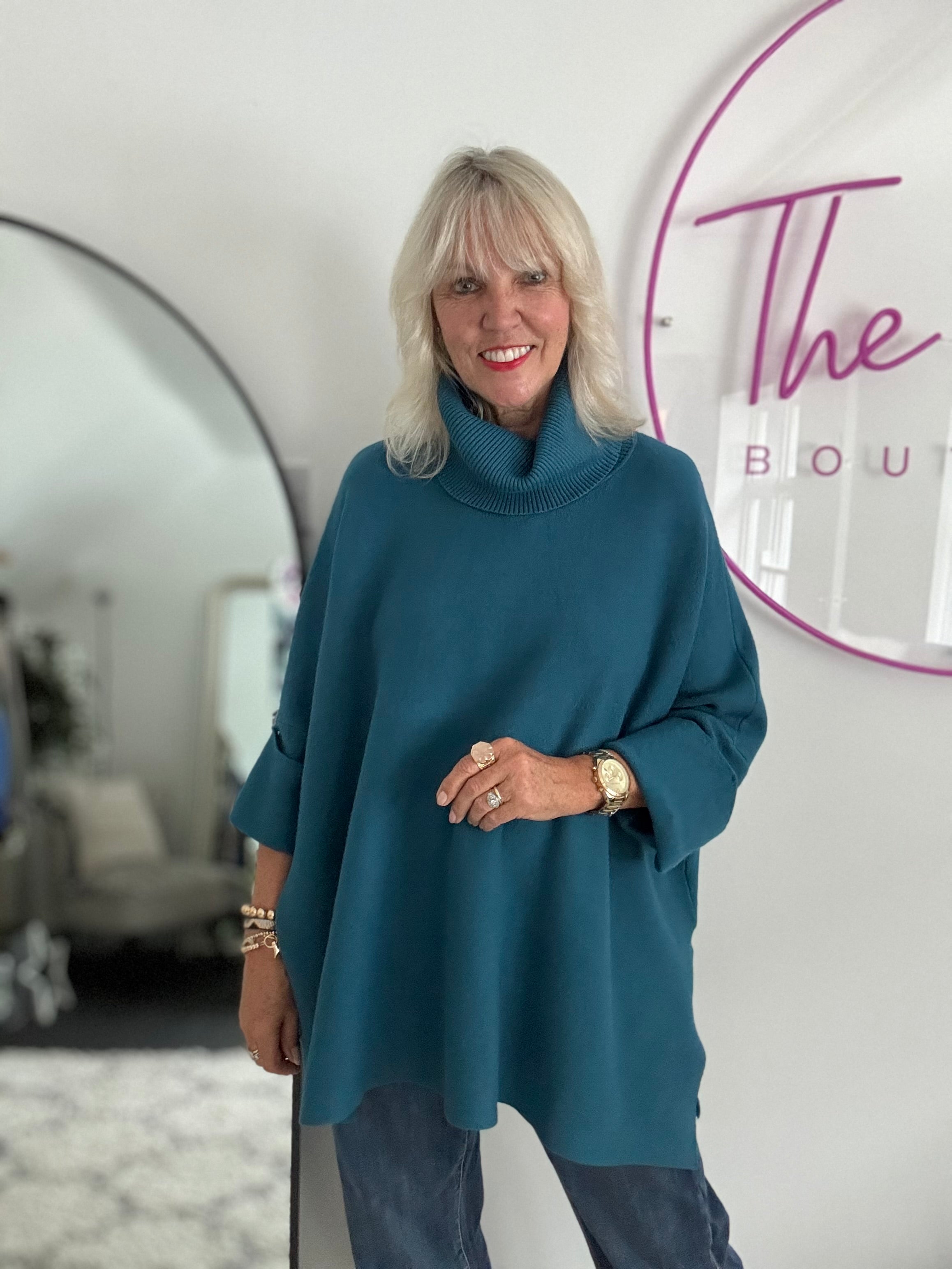 Oversized Roll Neck Poncho Jumper in Teal