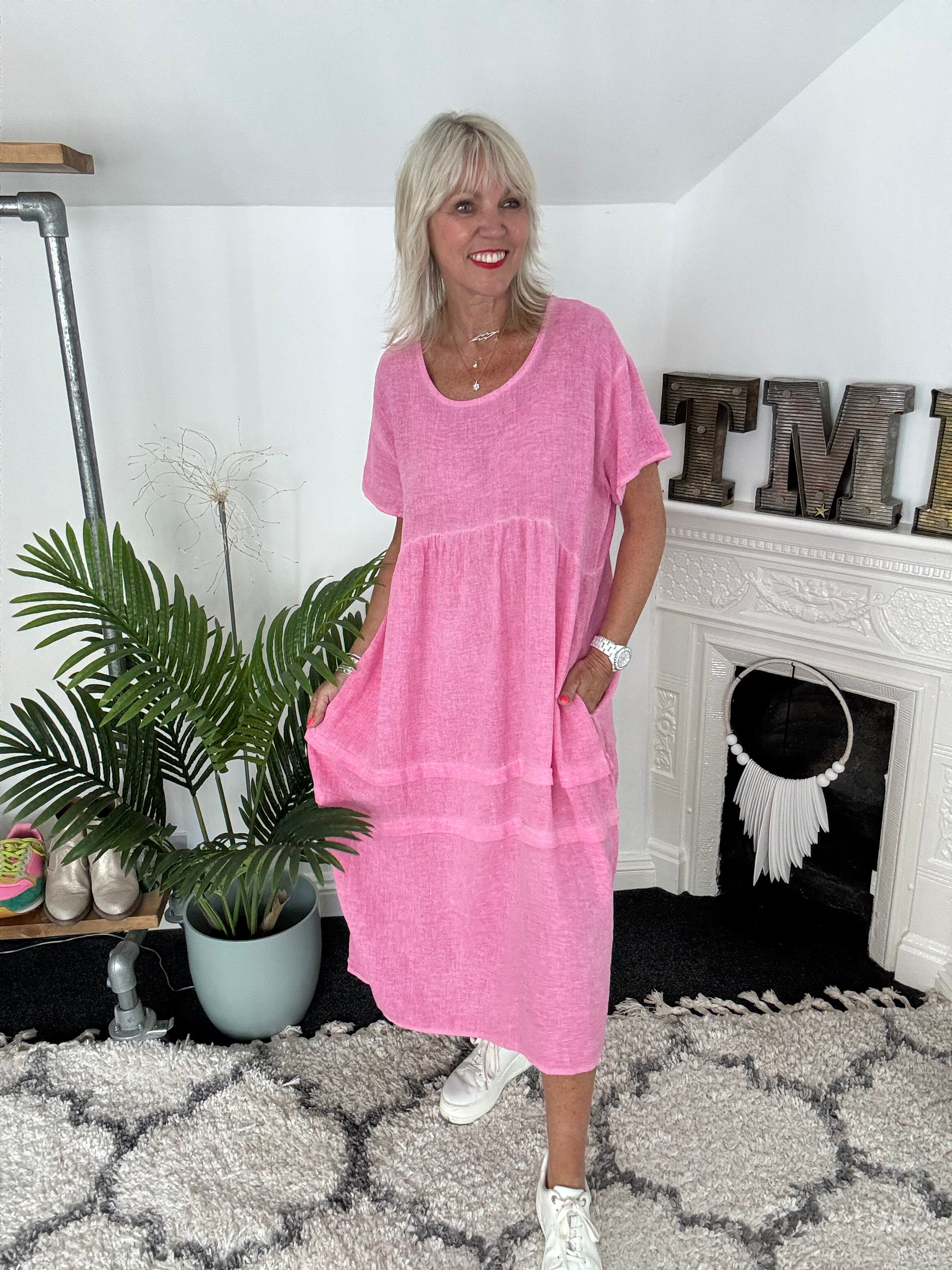 Cotton & Linen Cocoon Dress in Candy Pink