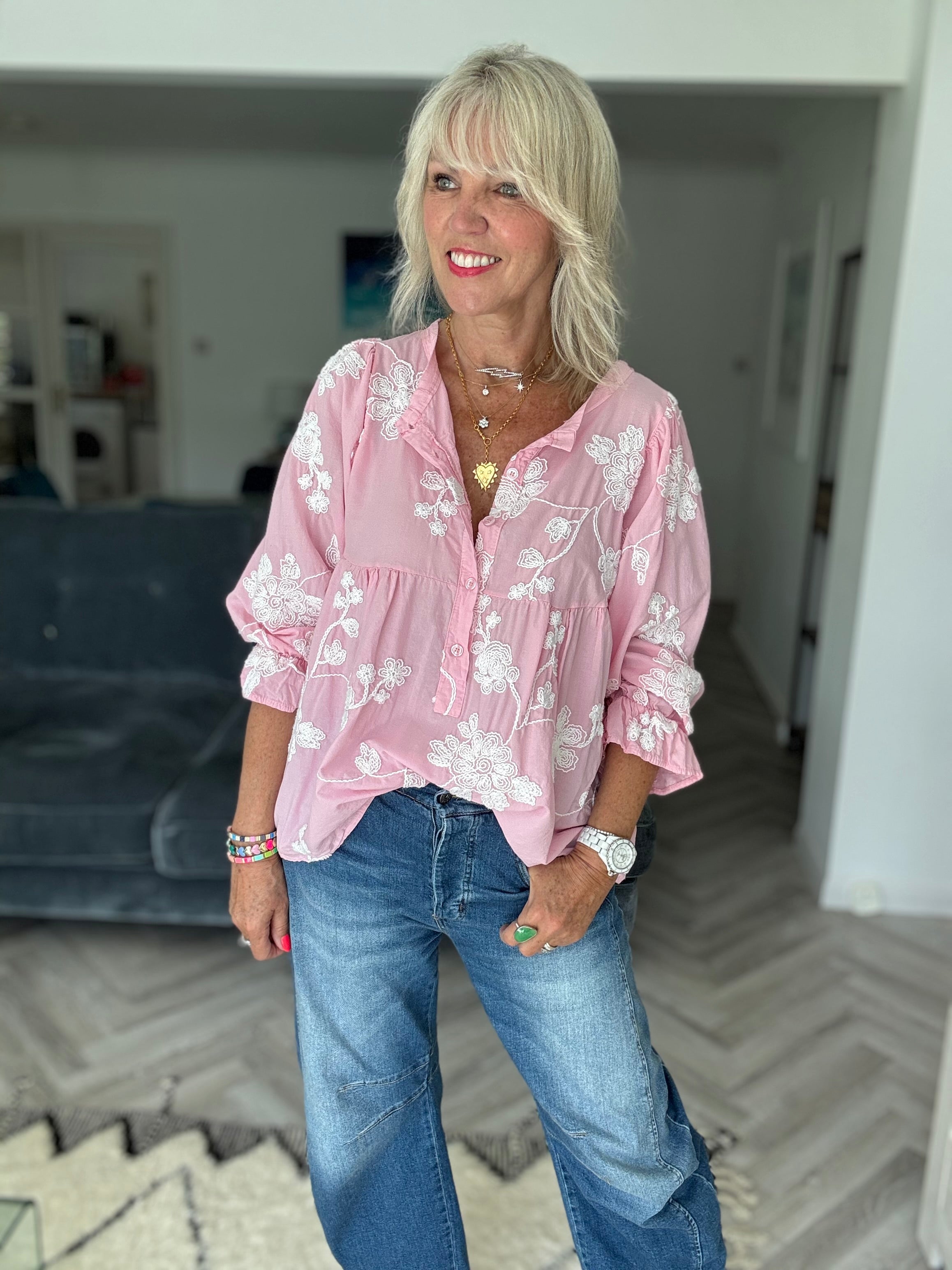 Luxe Embroidered Blouse in Pink