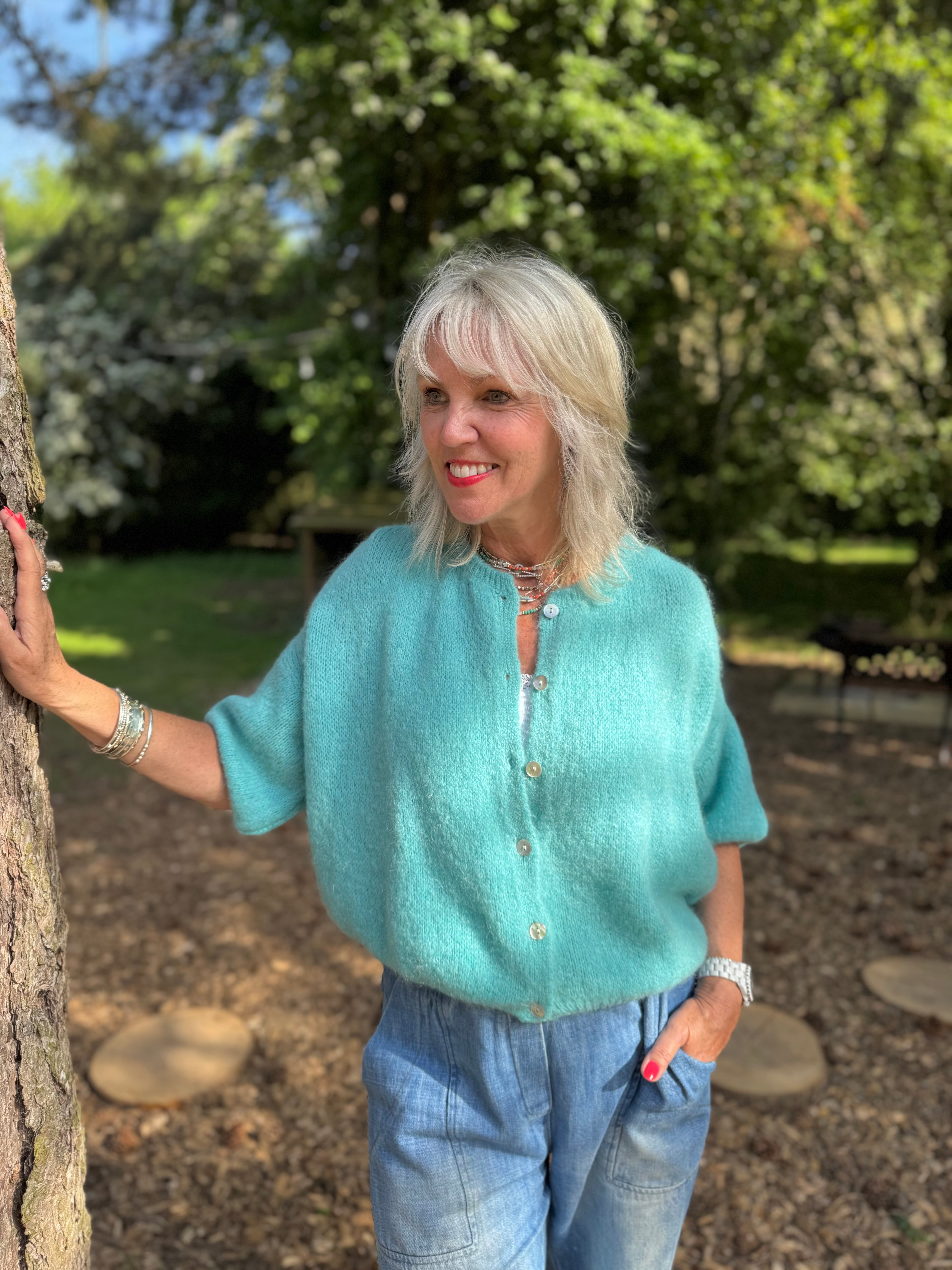 Cropped Sleeve Buttoned Cardi in Sea Green