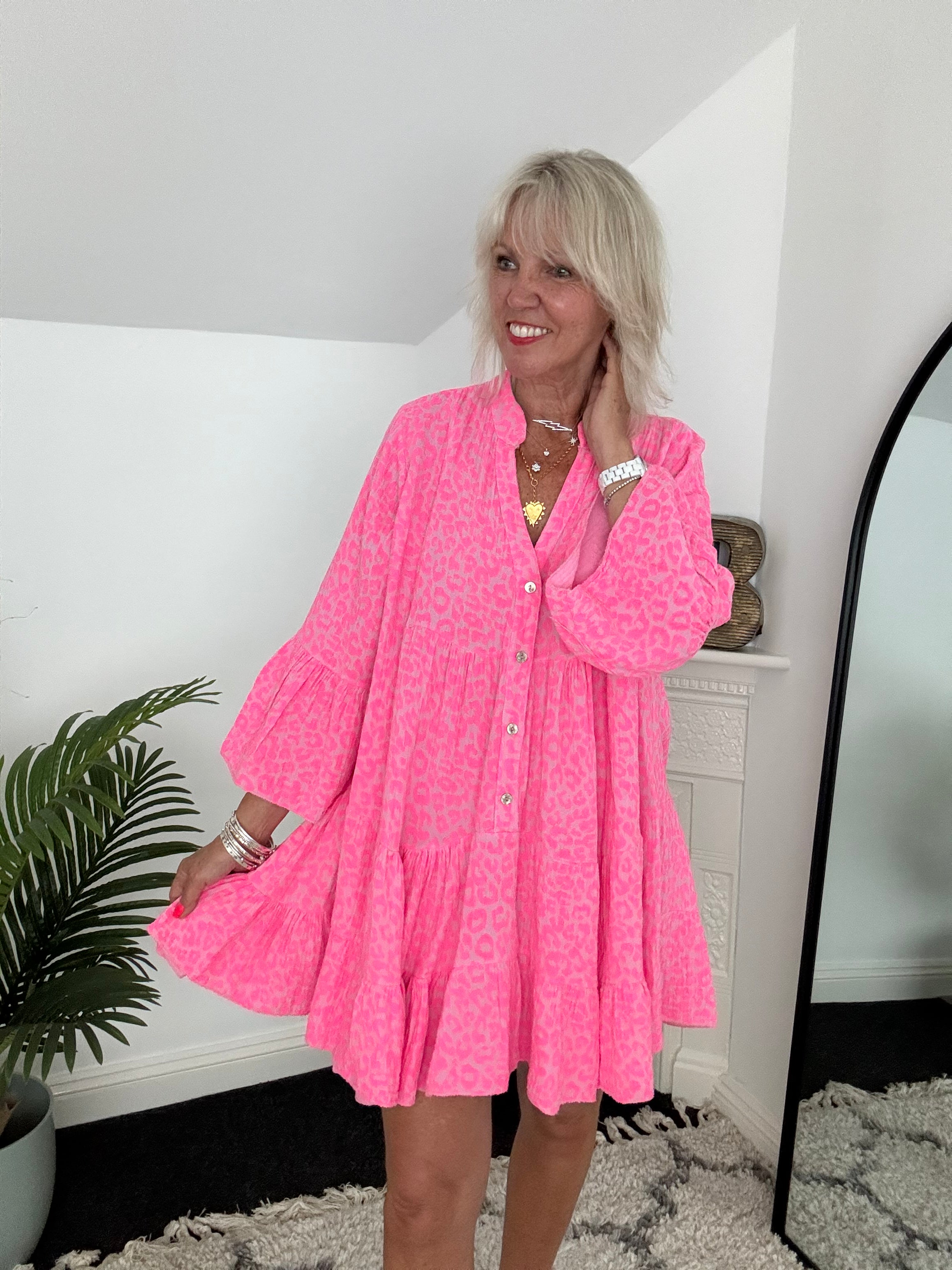 Cheesecloth Tiered Dress in Hot Pink Leopard