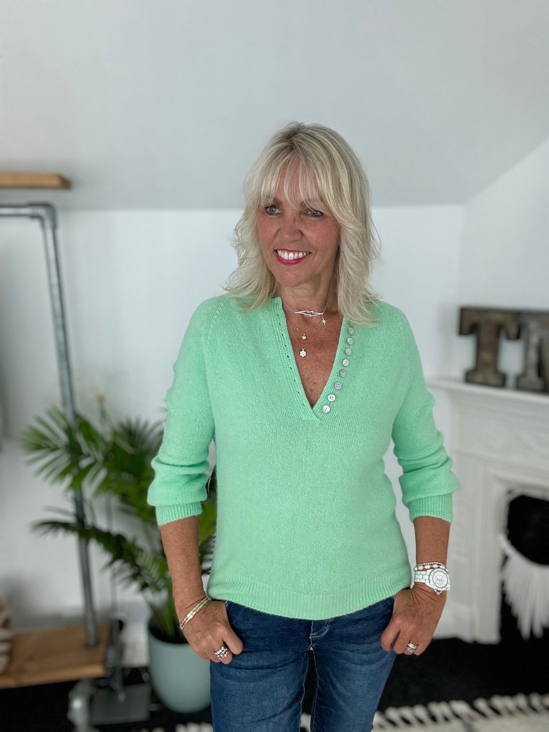Softie Jumper with Button Neck in Mint