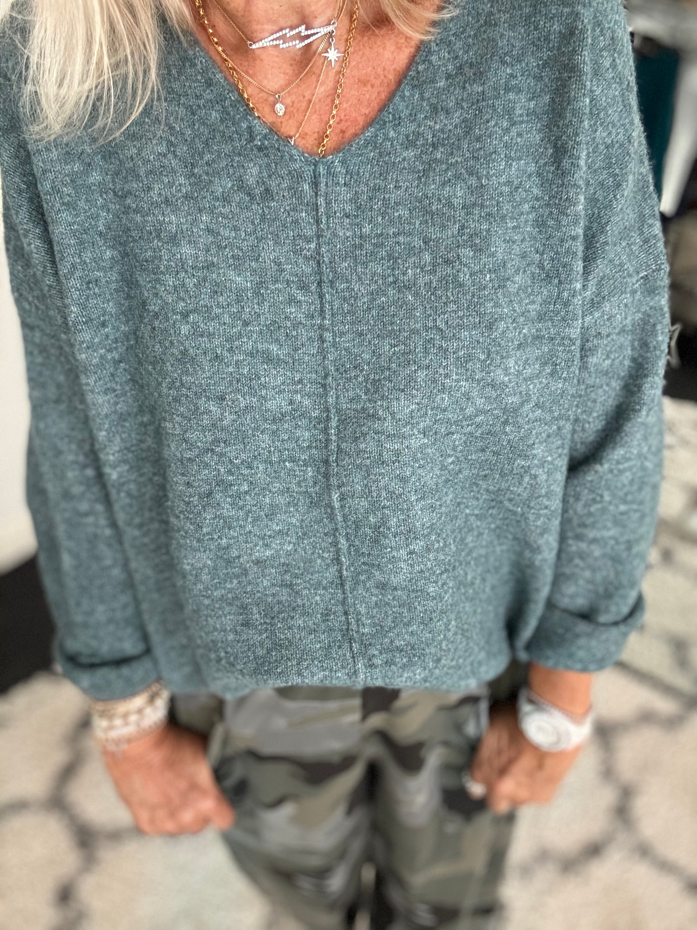 Seam Front V Neck Jumper in Sea Green