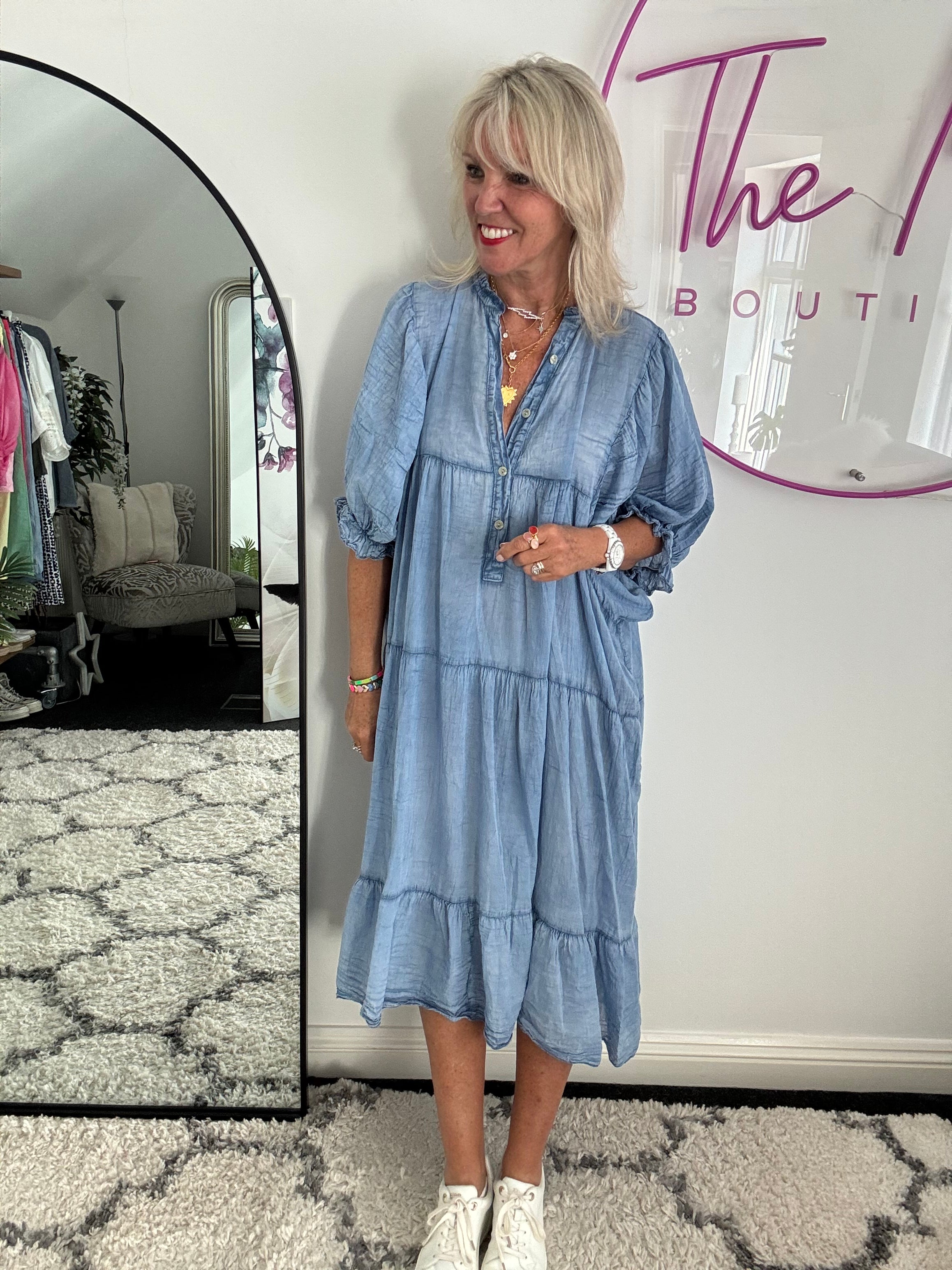 Oversized Cotton Tiered Dress in Vintage Blue