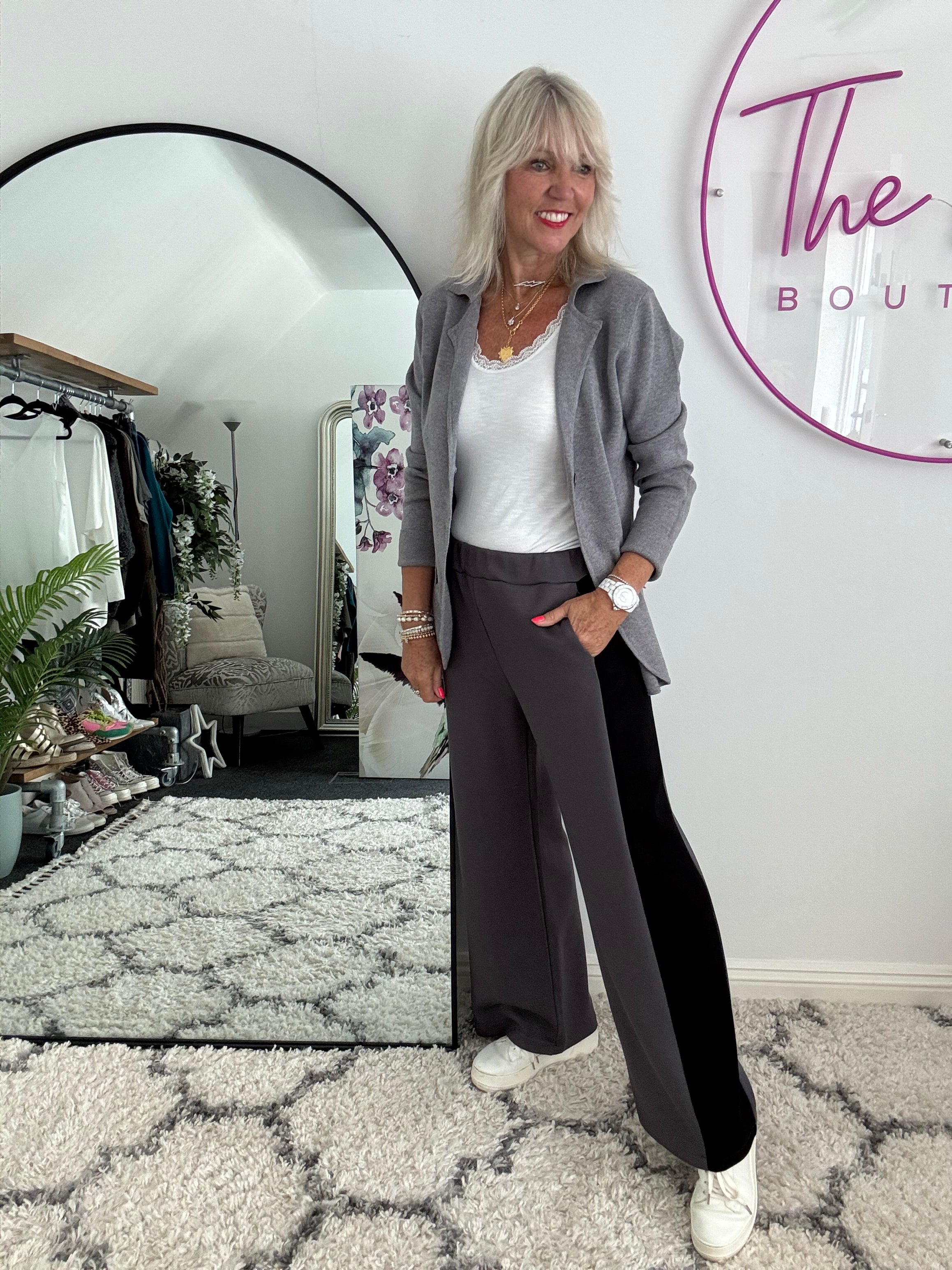 Stretch Trousers with Side Stripe in Charcoal & Black