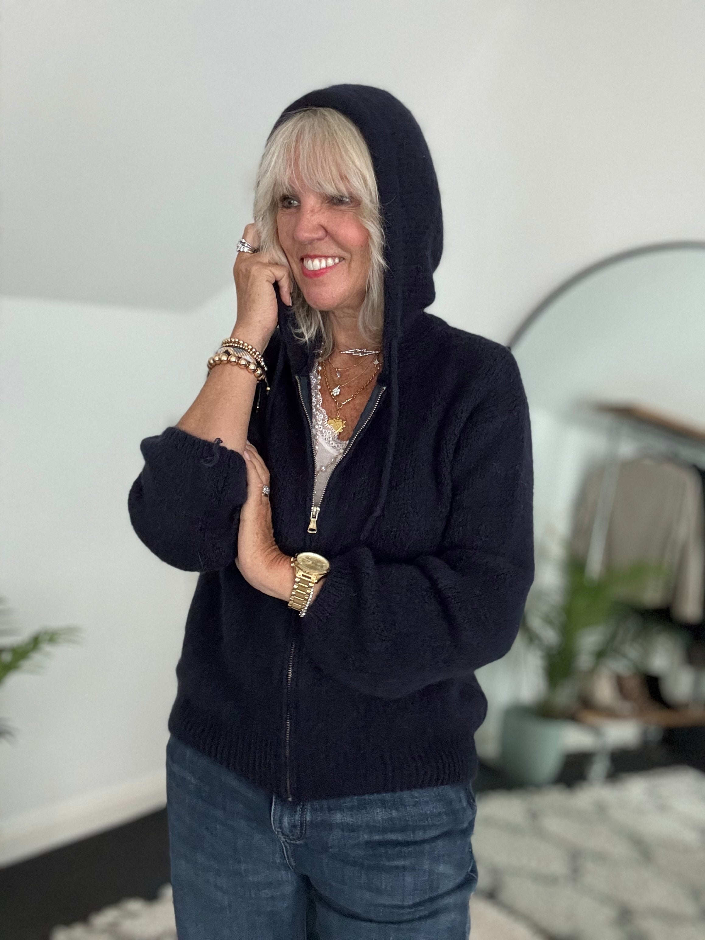 Hooded Zipped Mohair Jumper in Ink Blue