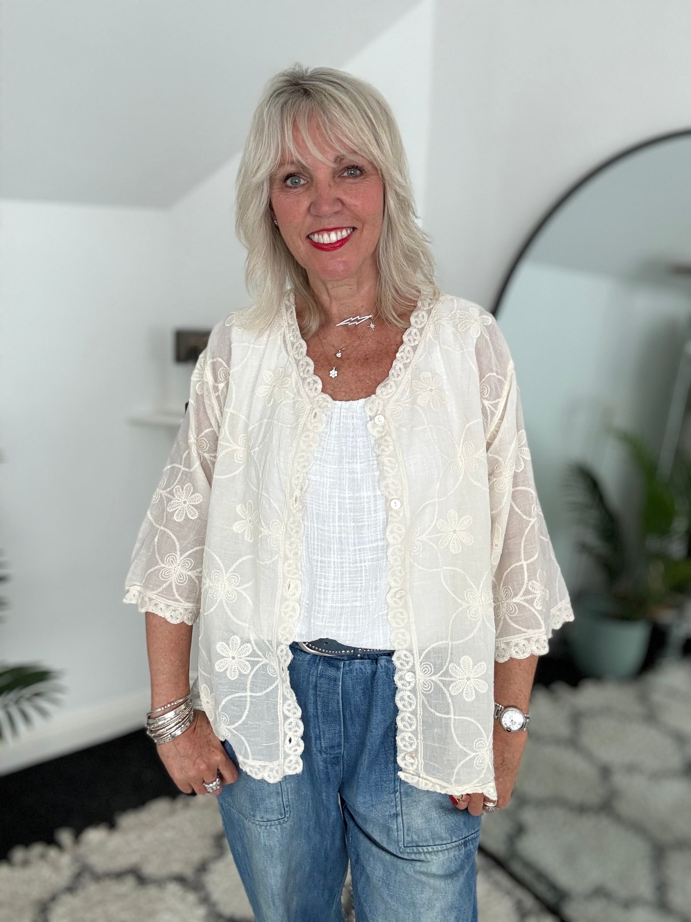 Buttoned Lace Top in Ecru