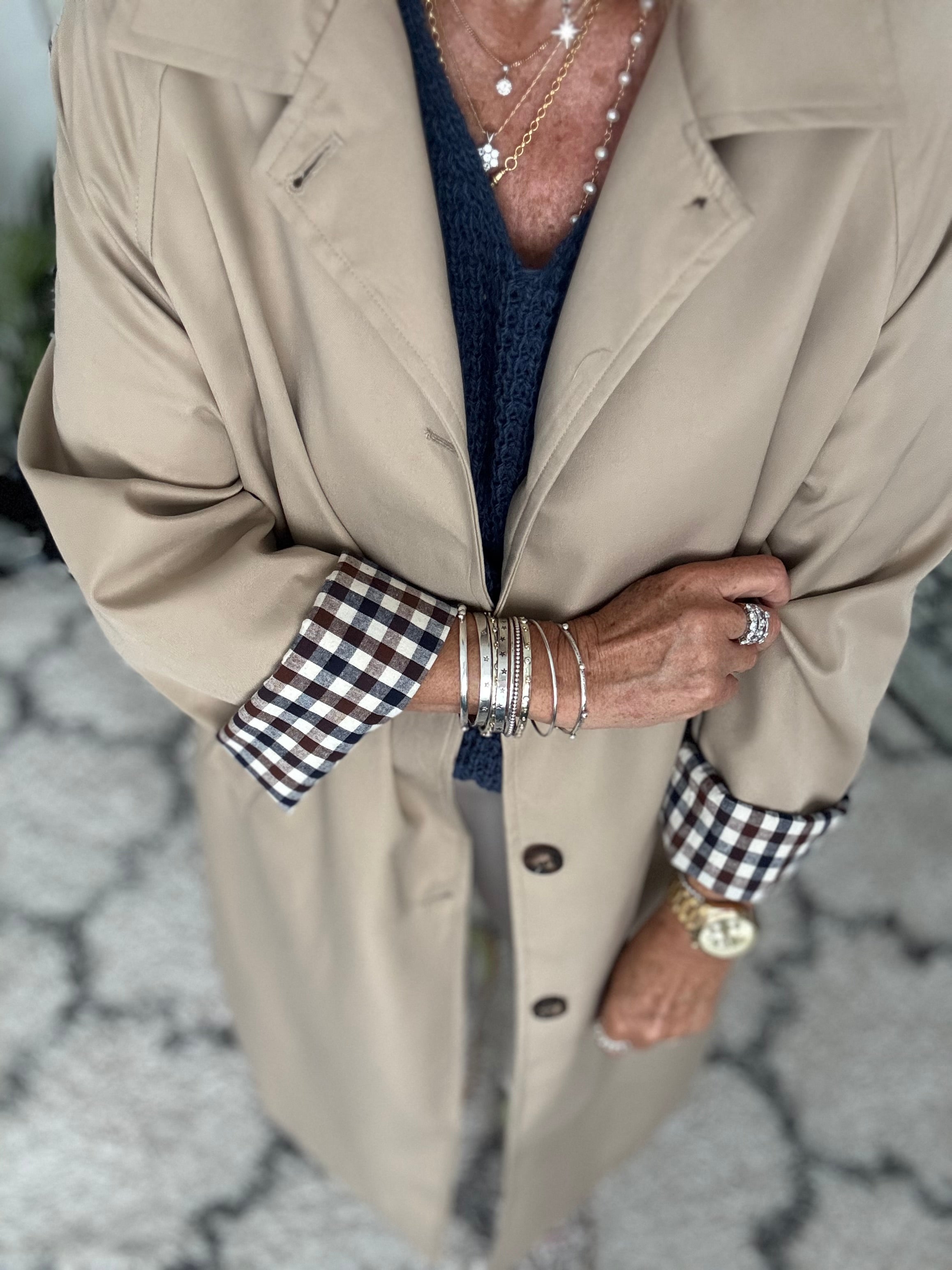 Long Line Trench with Gingham Cuffs