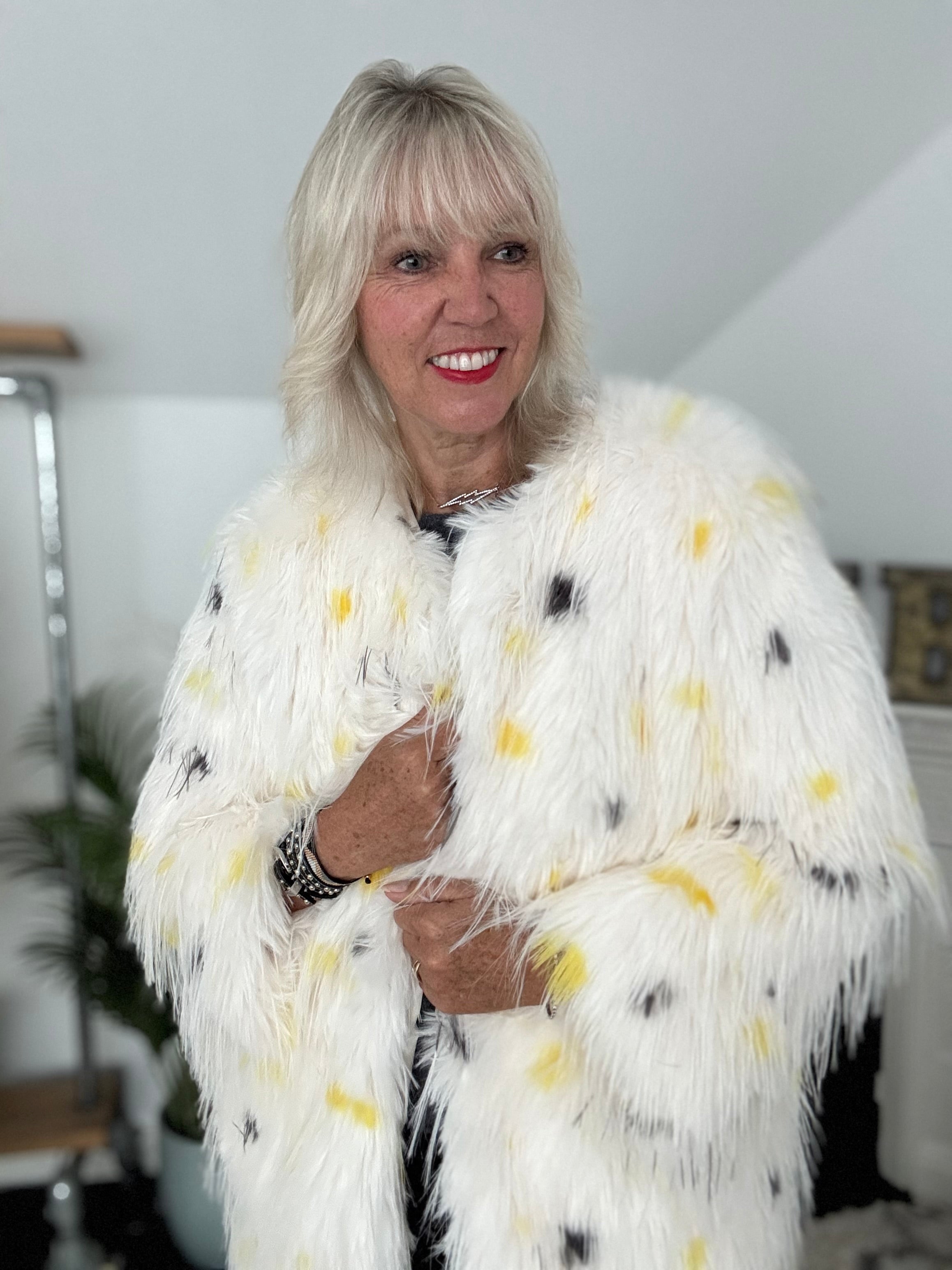 Faux Fur Spot Jacket in Yellow & Charcoal