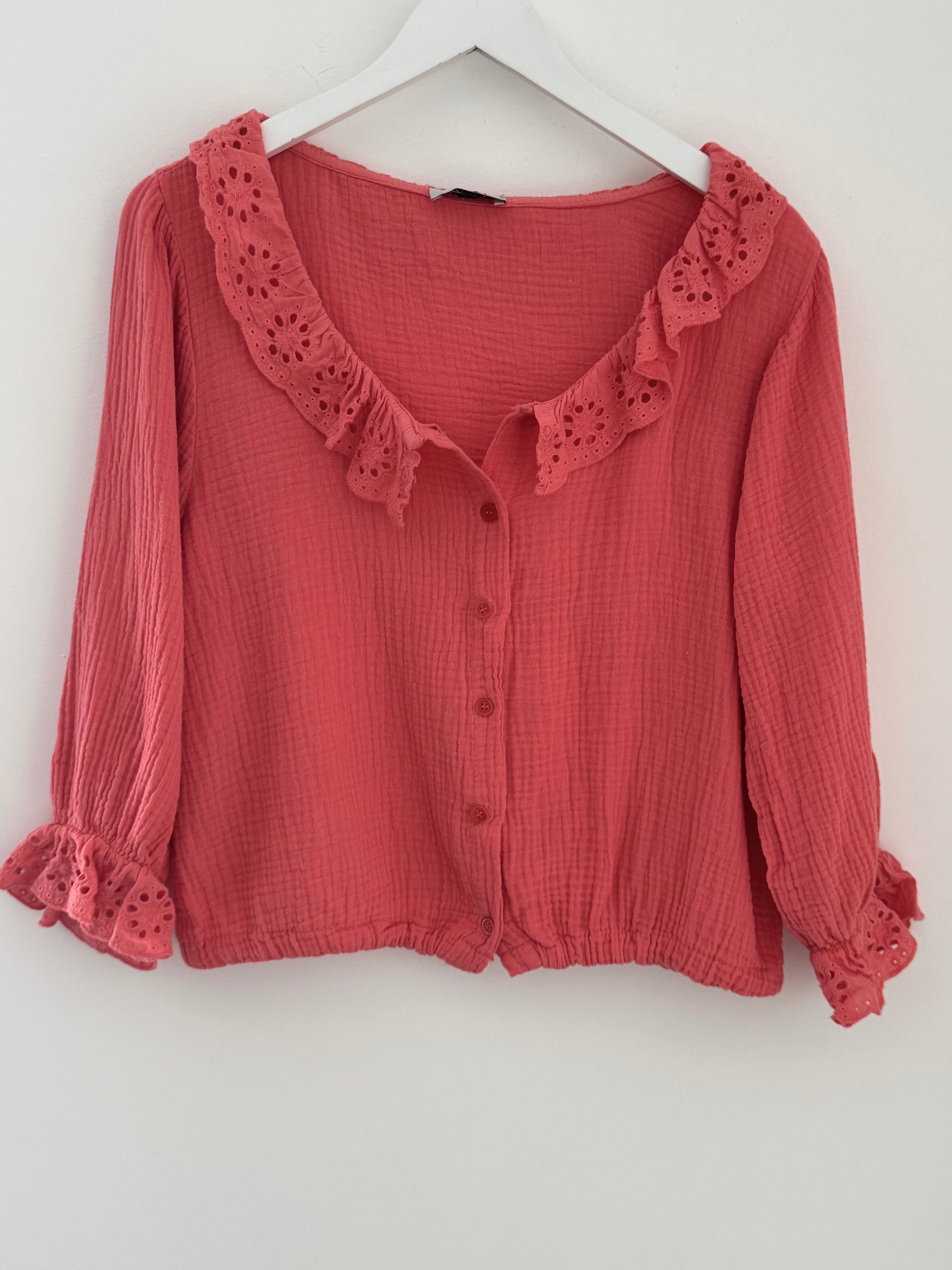 Cheesecloth Blouse with Broderie Collar in Coral