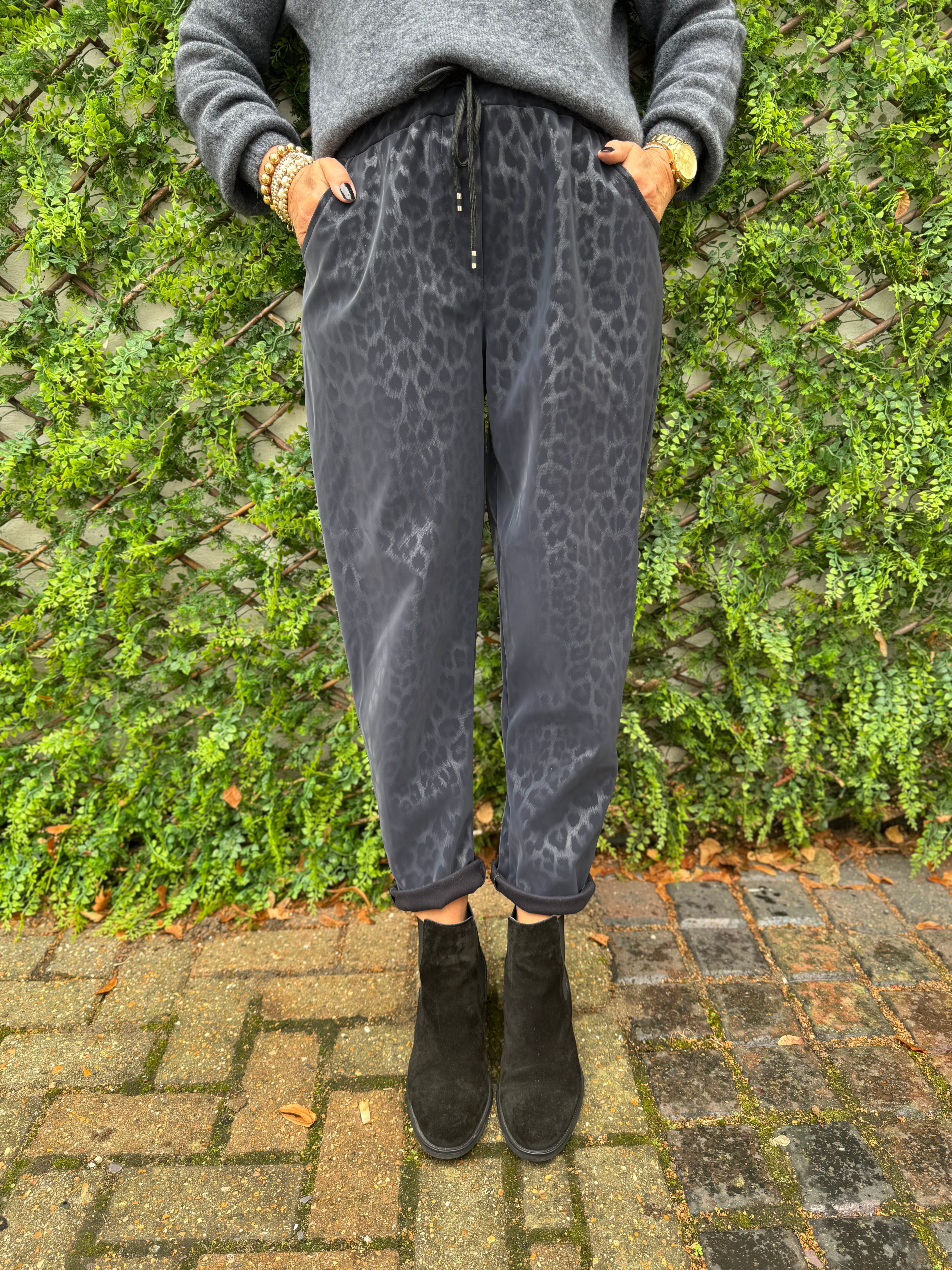 Faux Leather Leopard Print Joggers in Ink