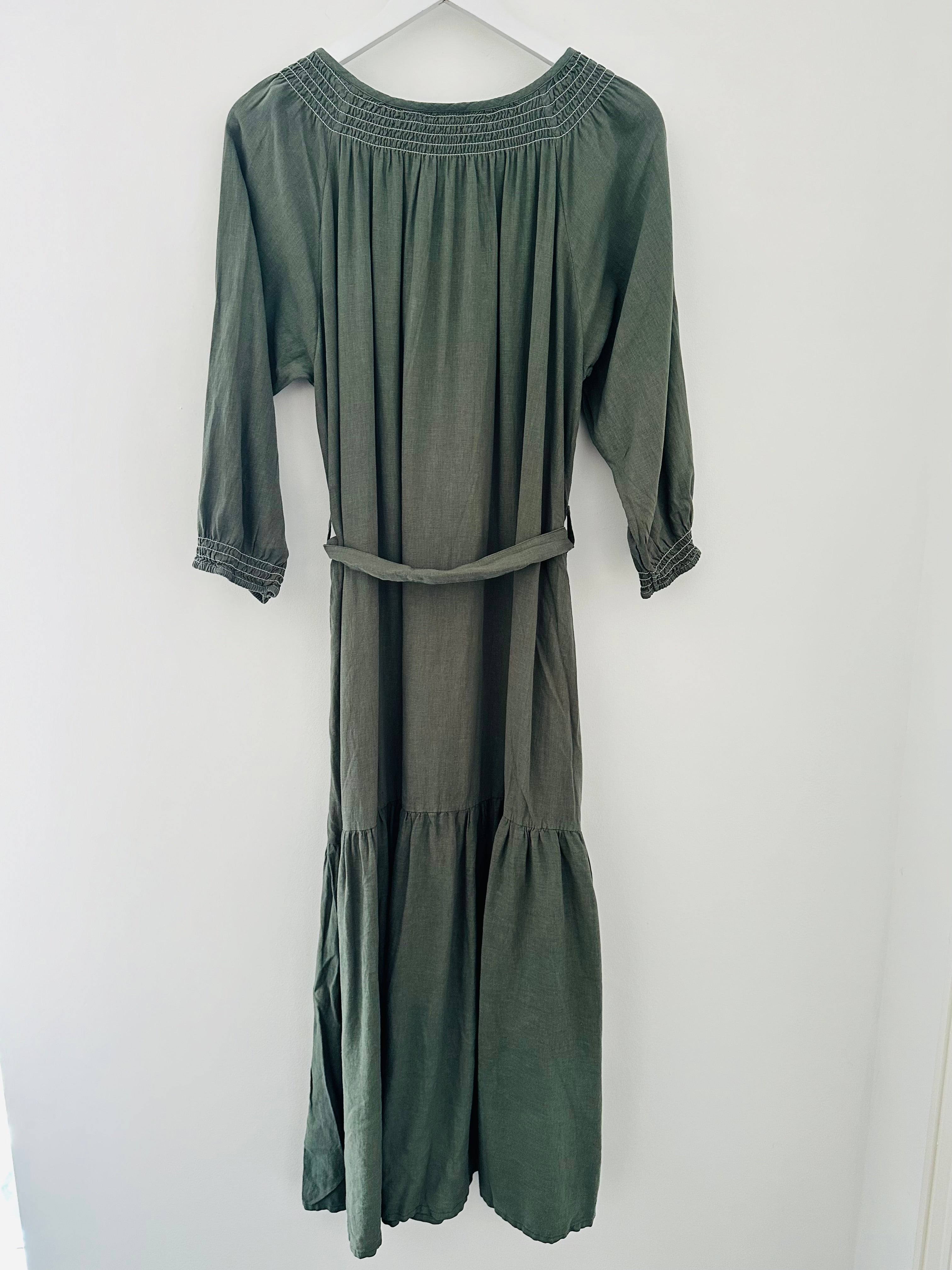 Linen Mix Midi Dress in Khaki