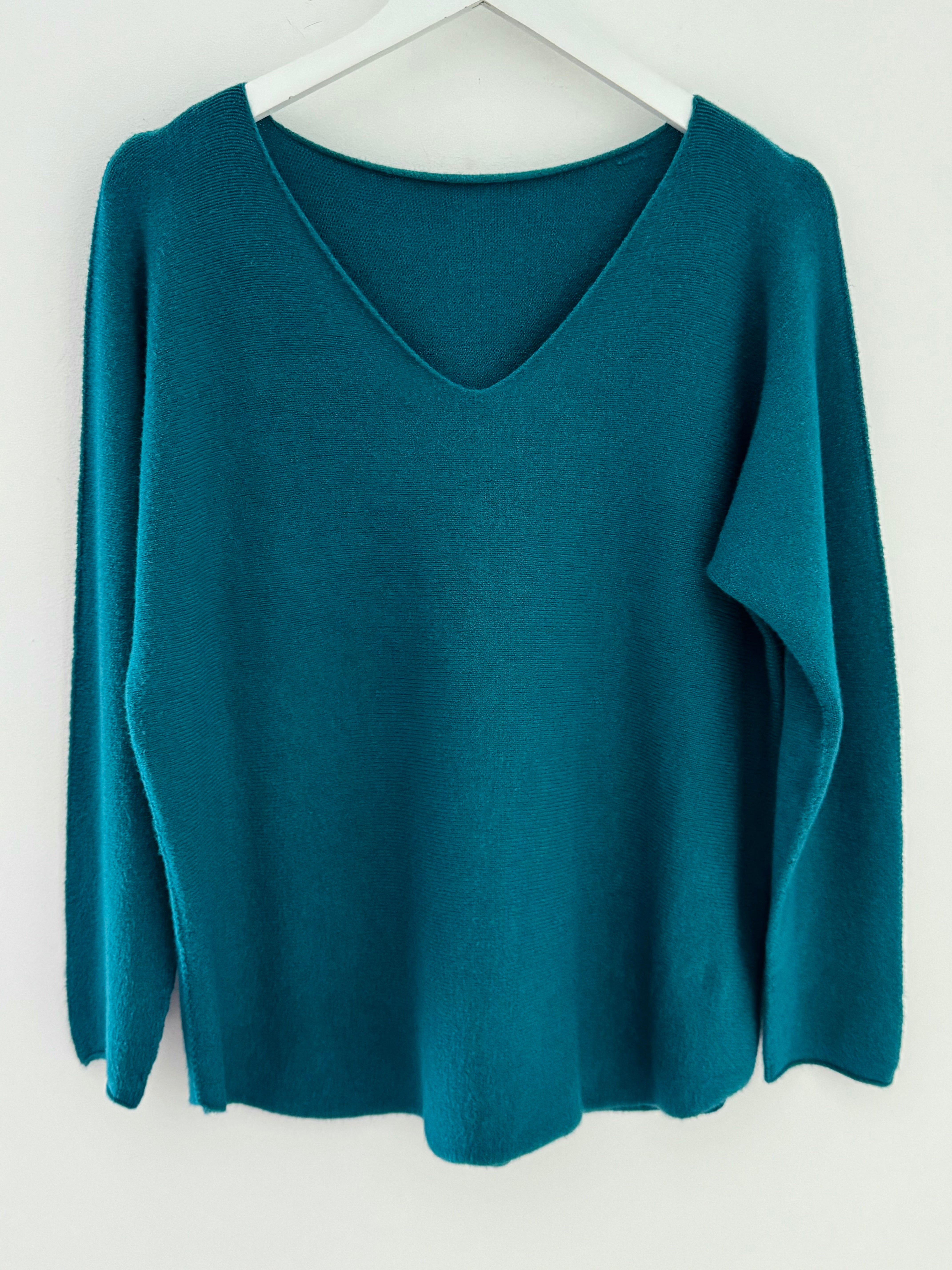 Simple V Neck Jumper in Teal
