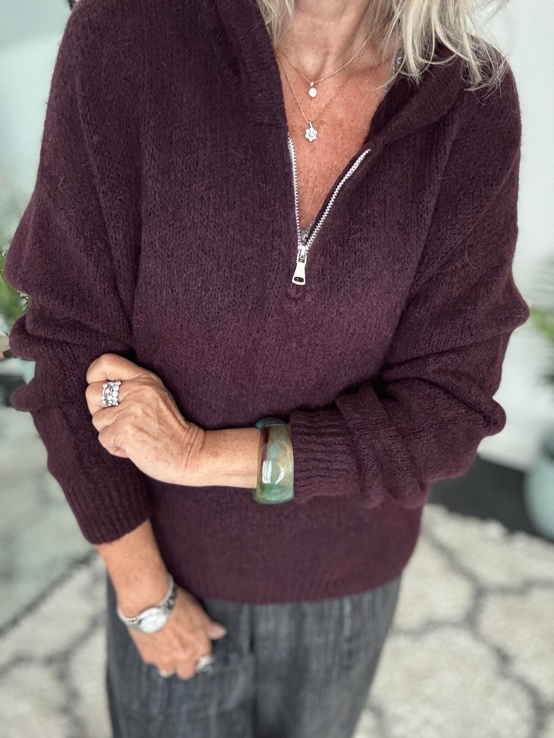 Hooded Mohair Jumper in Deep Plum