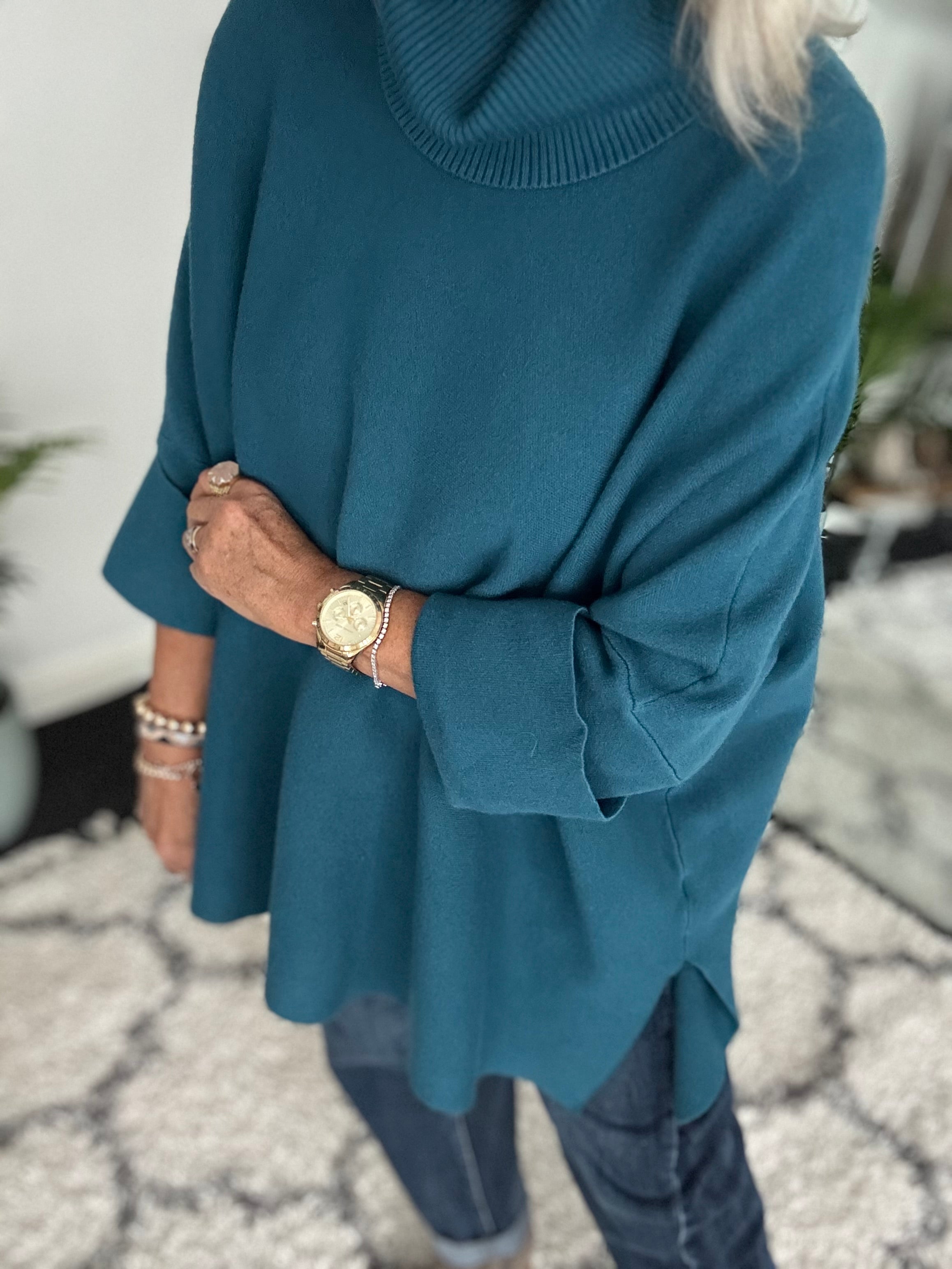 Oversized Roll Neck Poncho Jumper in Teal
