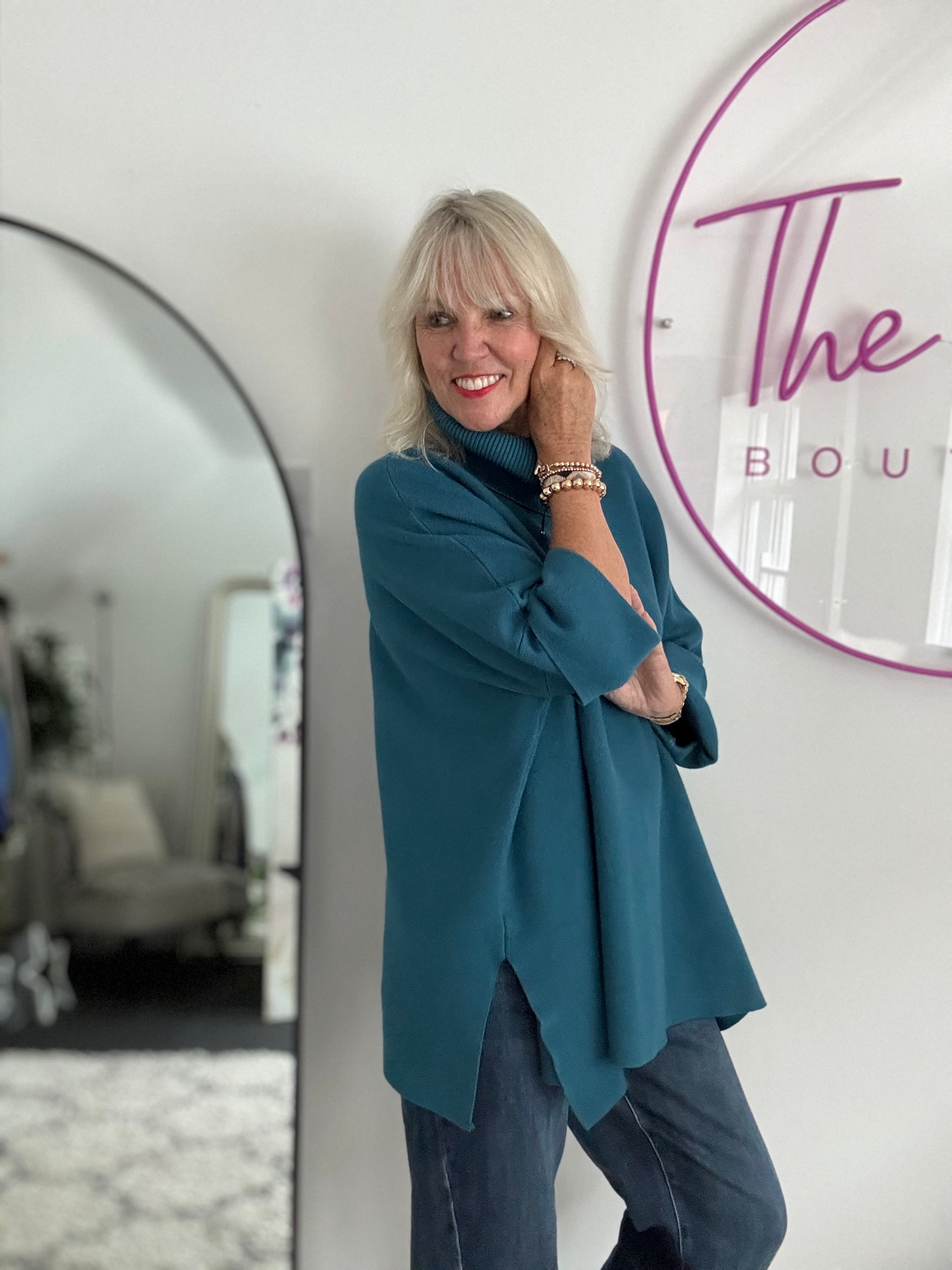 Oversized Roll Neck Poncho Jumper in Teal