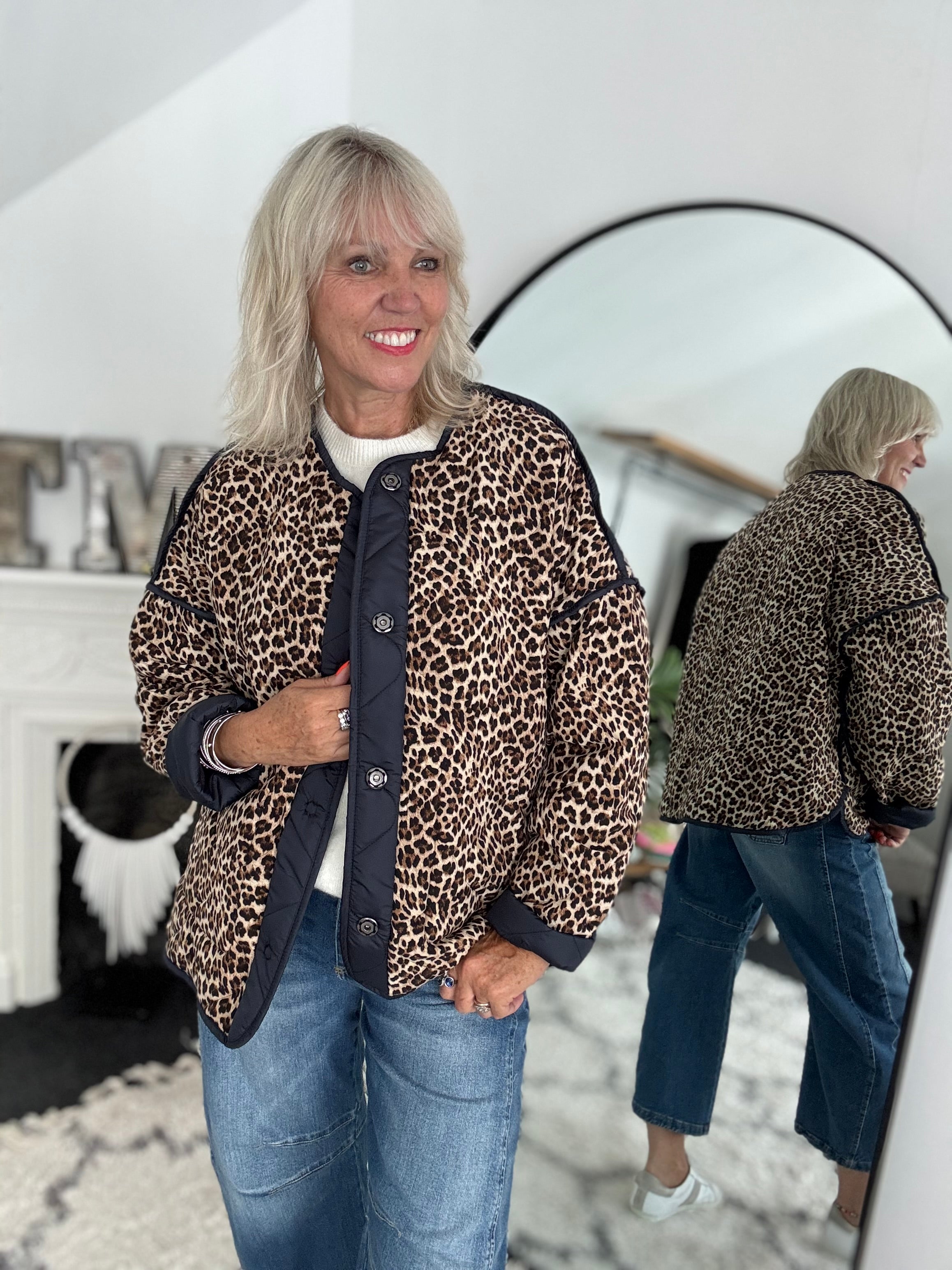 Reversible Quilted Jacket in Navy & Leopard