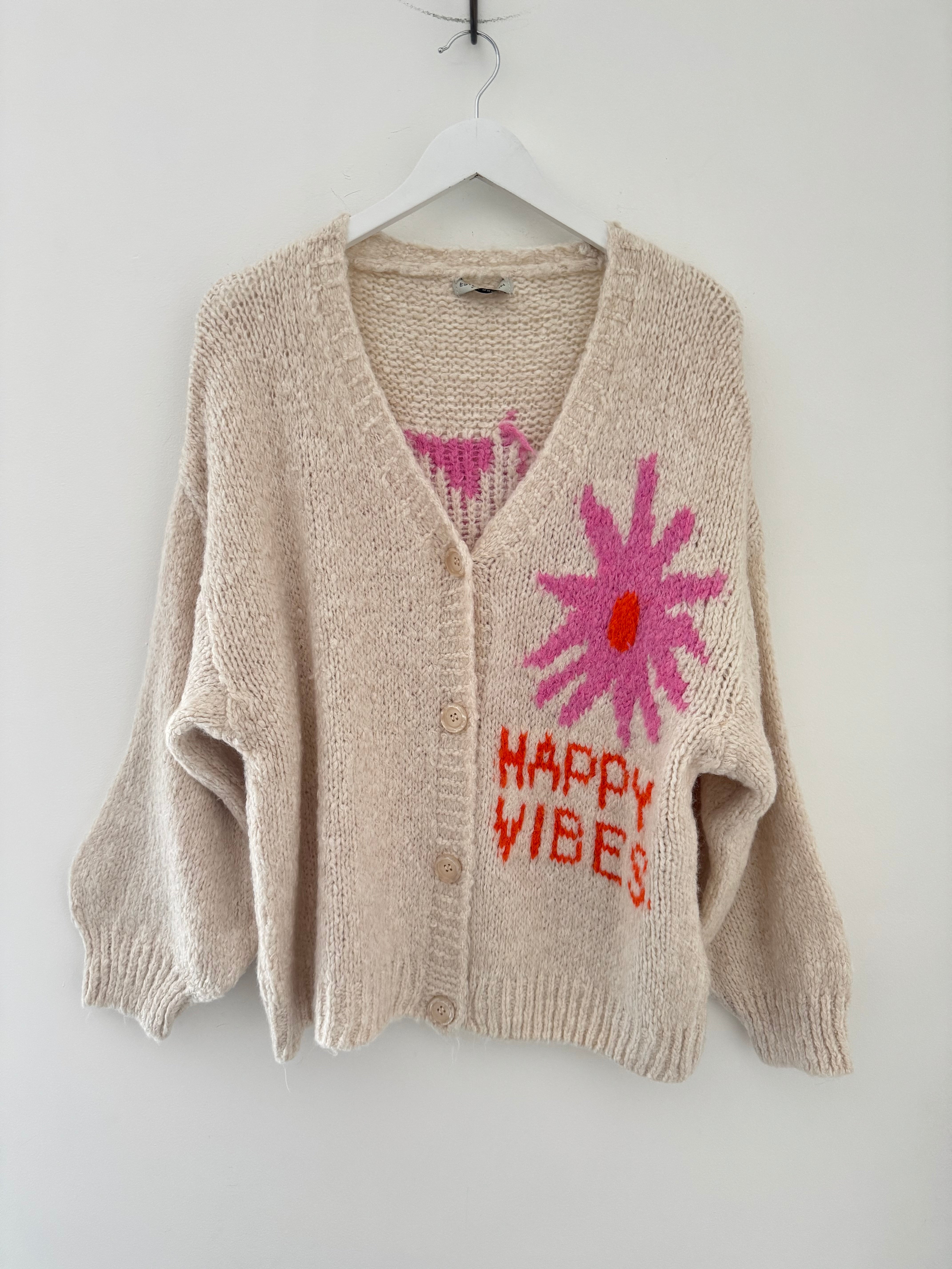 Oversized Happy Vibes Cardi in Stone