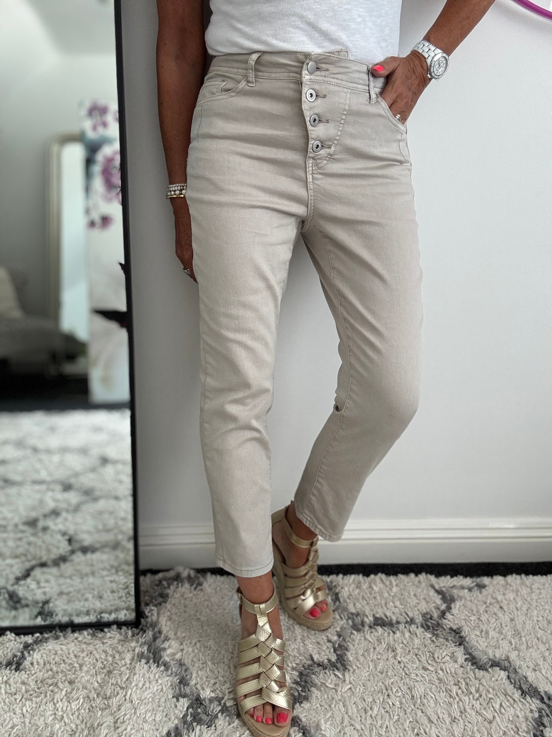 Button Fly Cropped Jean in Stone