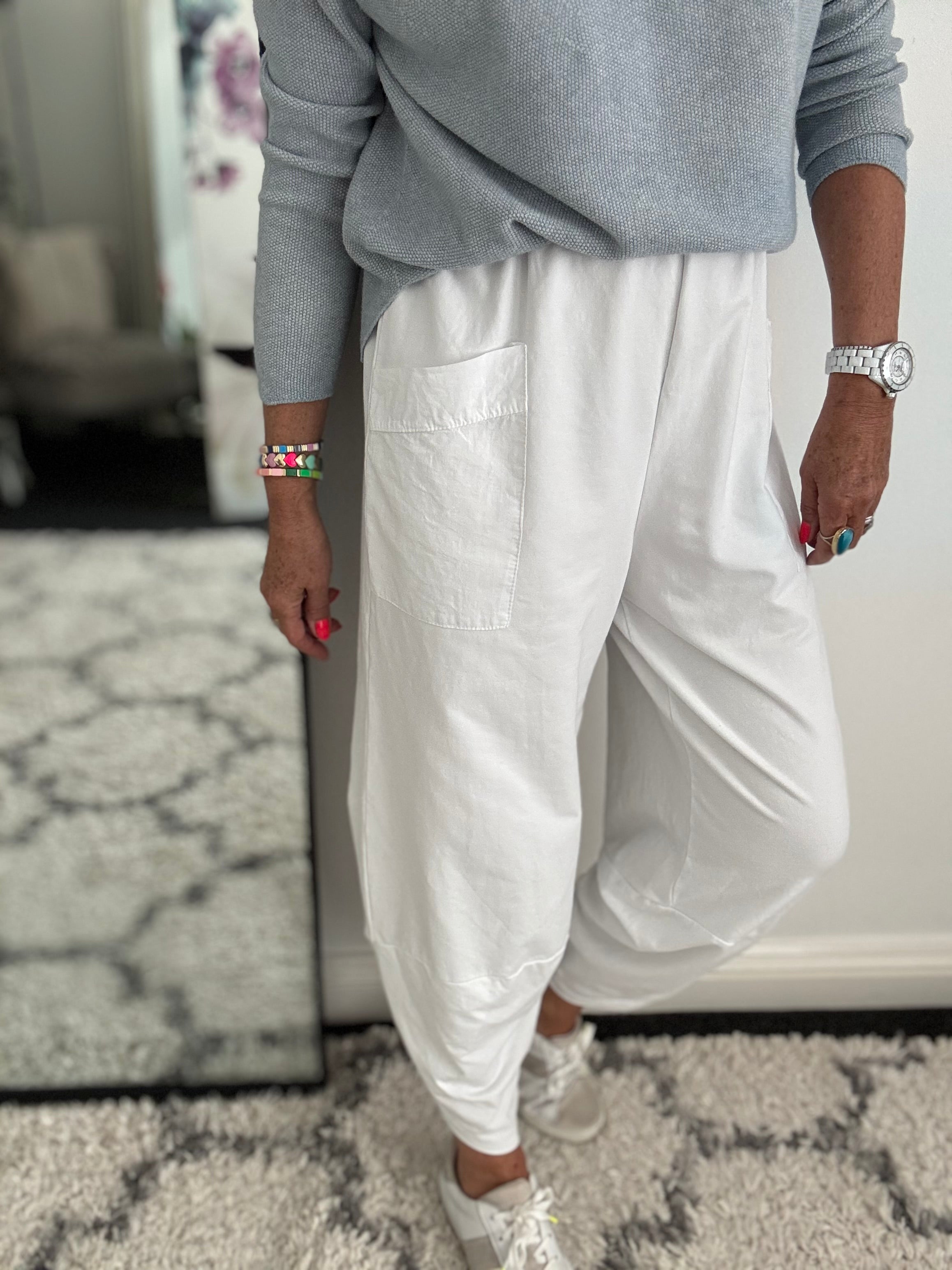 Barrel Shape Cotton Jersey Trousers in White
