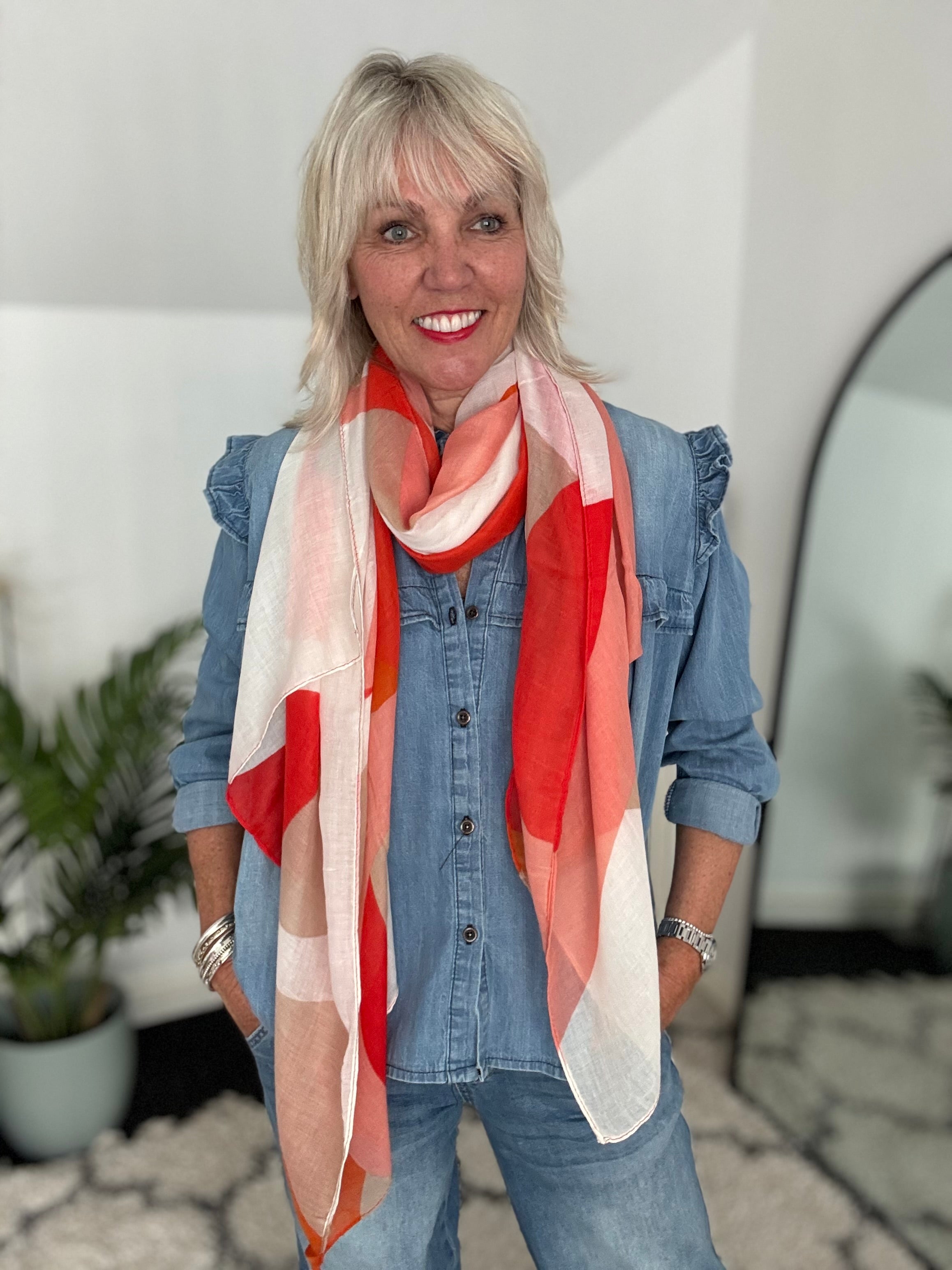 Abstract Print Scarf in Shades of Coral & Red
