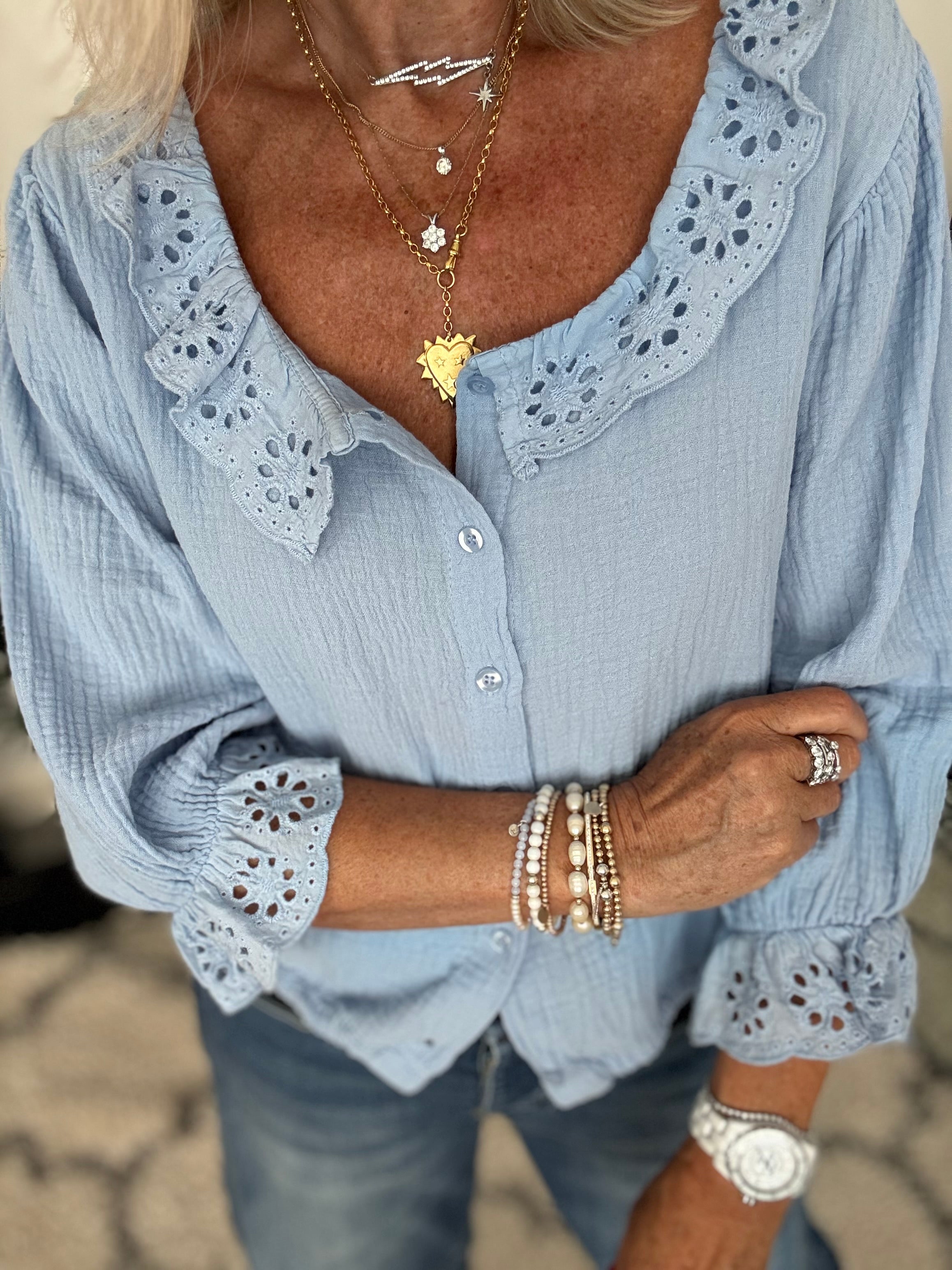 Cheesecloth Blouse with Broderie Collar in Blue