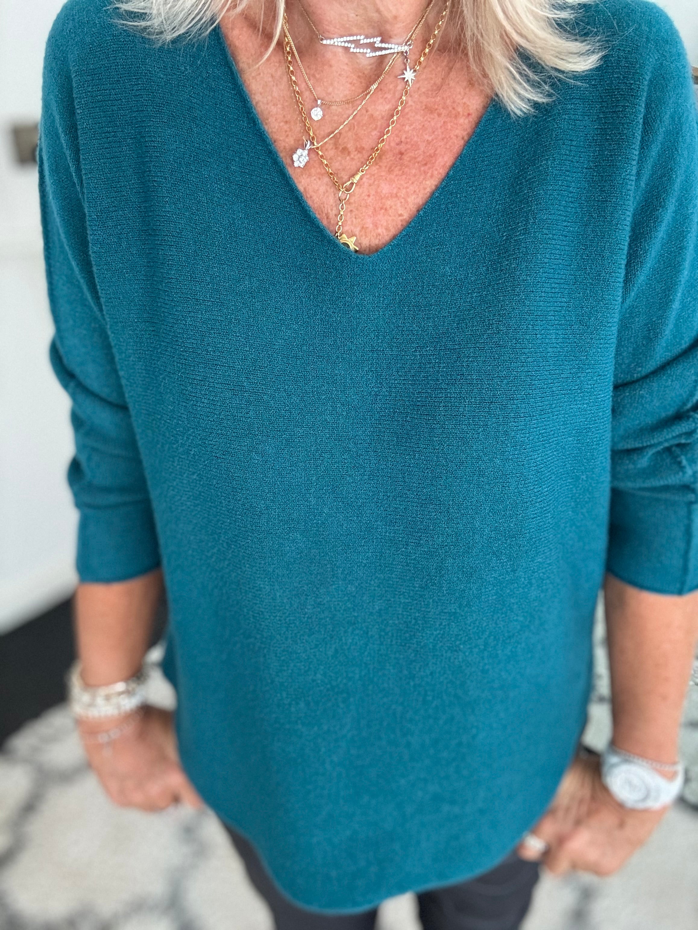 Simple V Neck Jumper in Teal